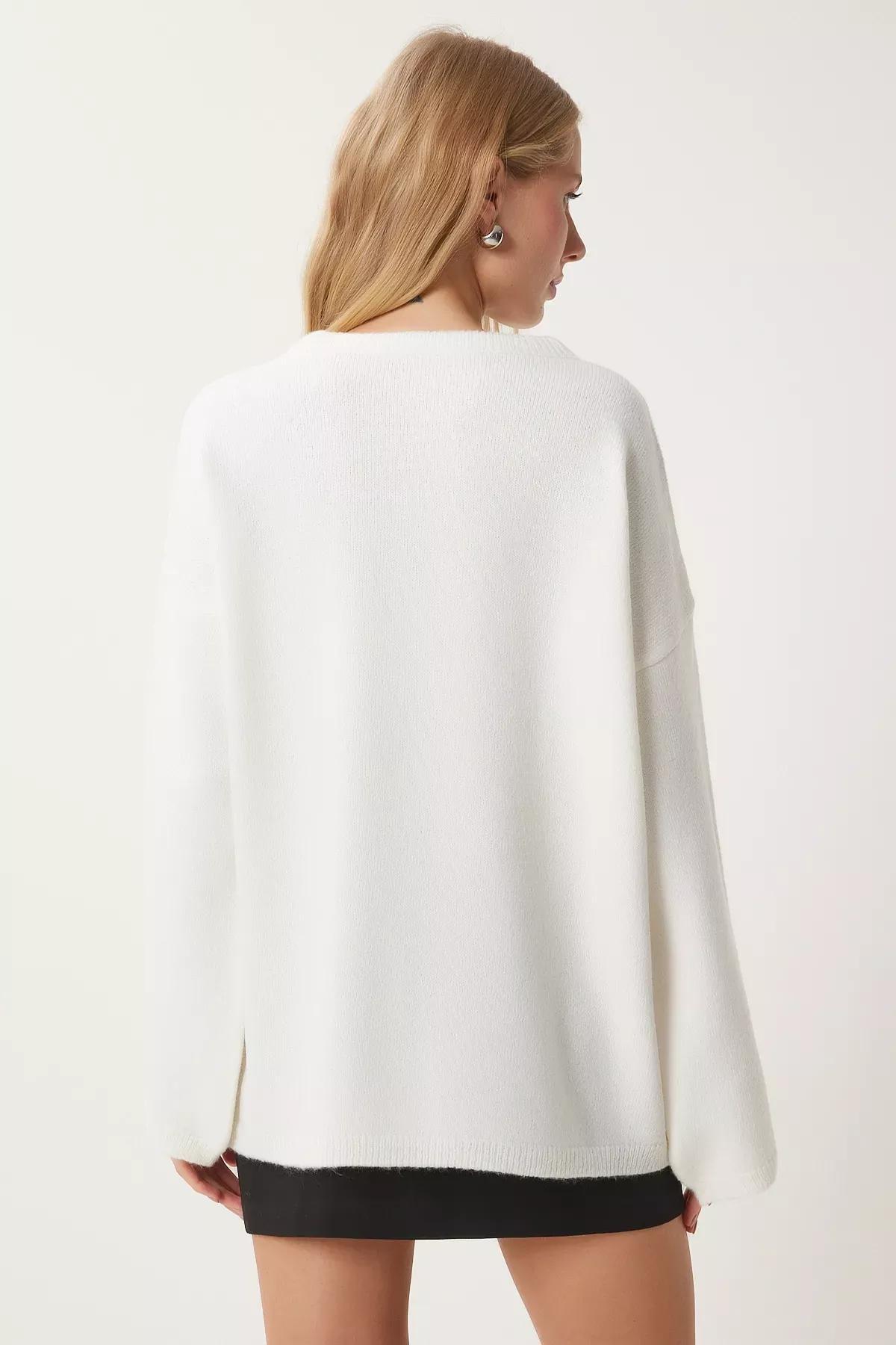 Beige Bow Detail Oversize Sweater, Ecru, large image number 4