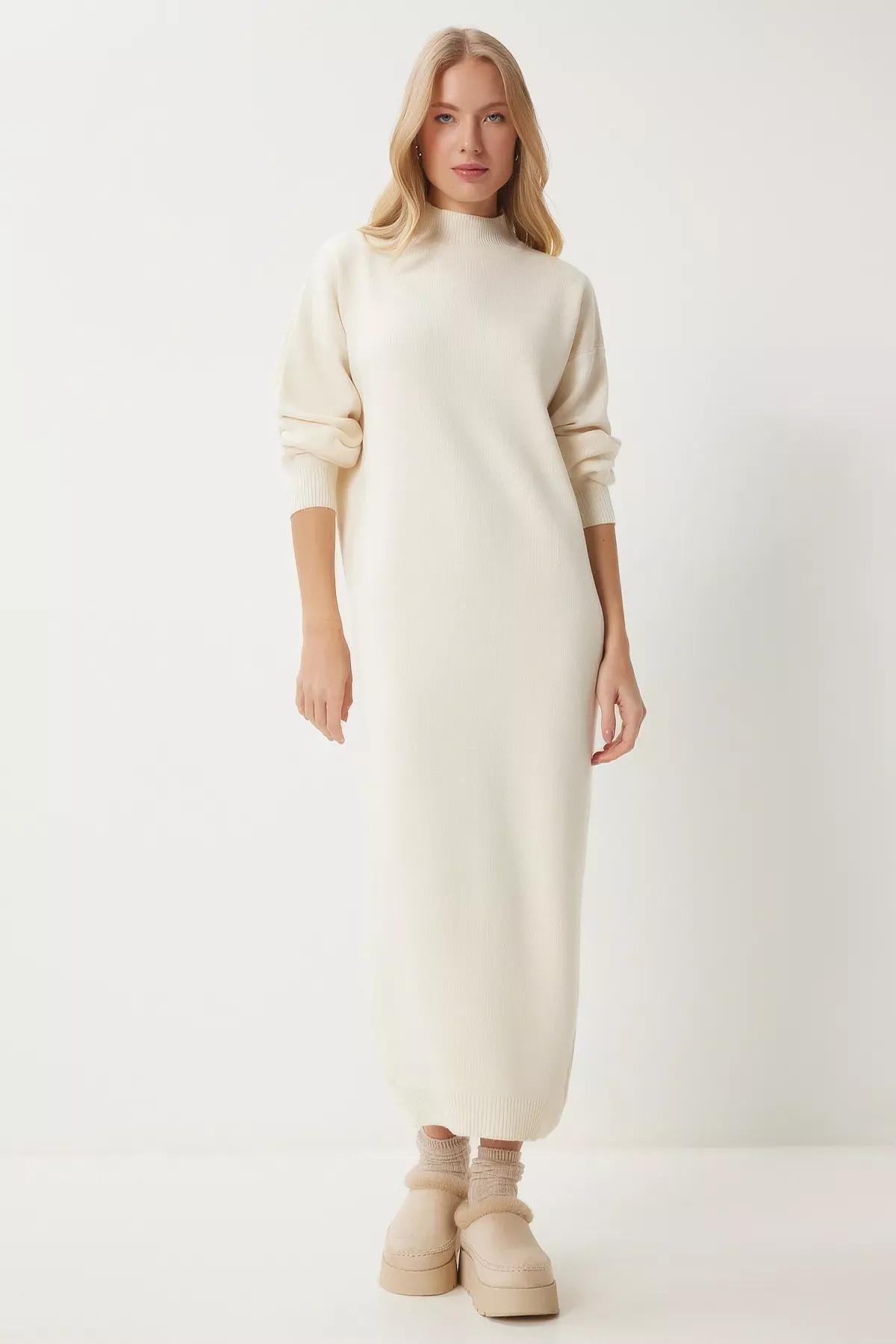 White Turtleneck Long Knitted Dress, Bone, large image number 0