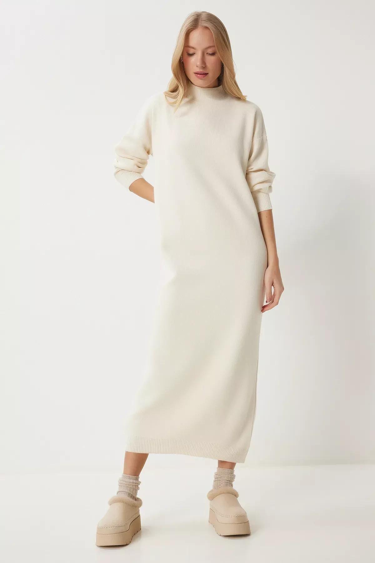 White Turtleneck Long Knitted Dress, Bone, large image number 1