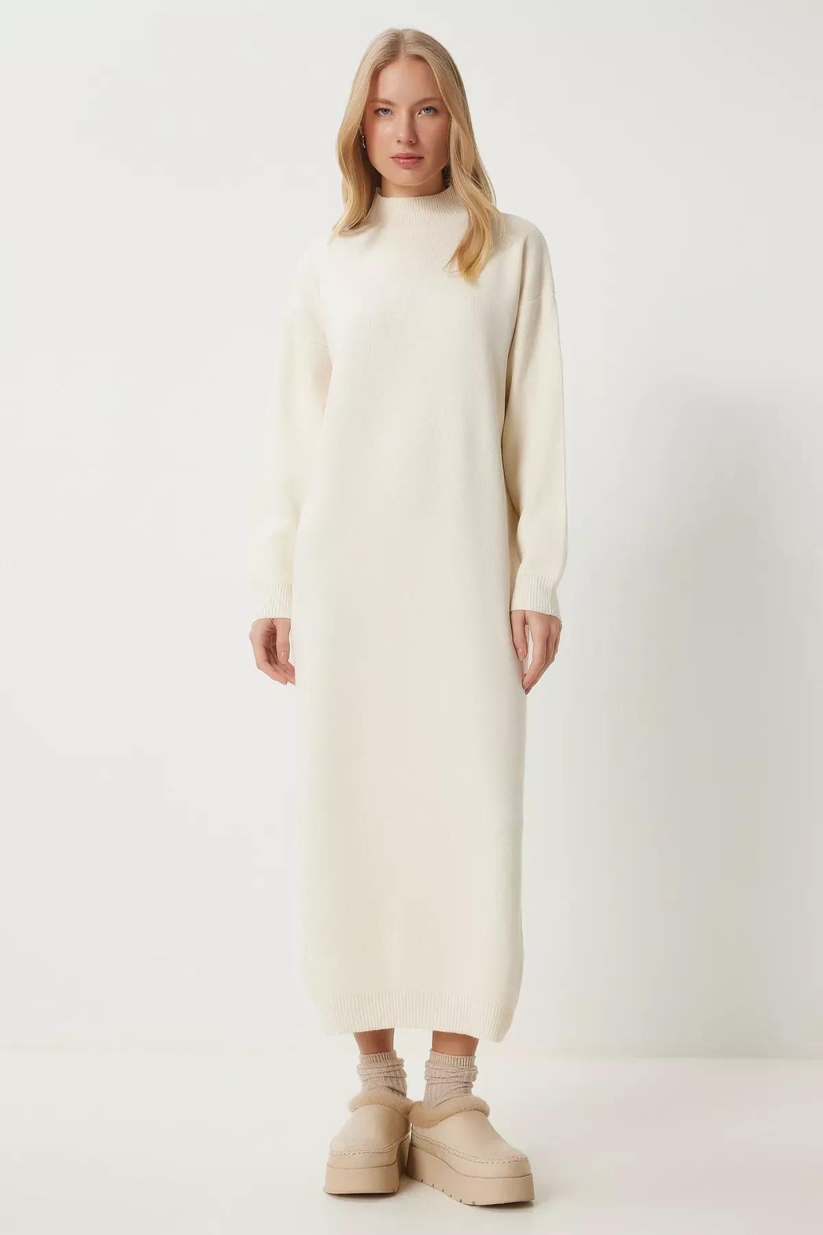 White Turtleneck Long Knitted Dress, Bone, large image number 2