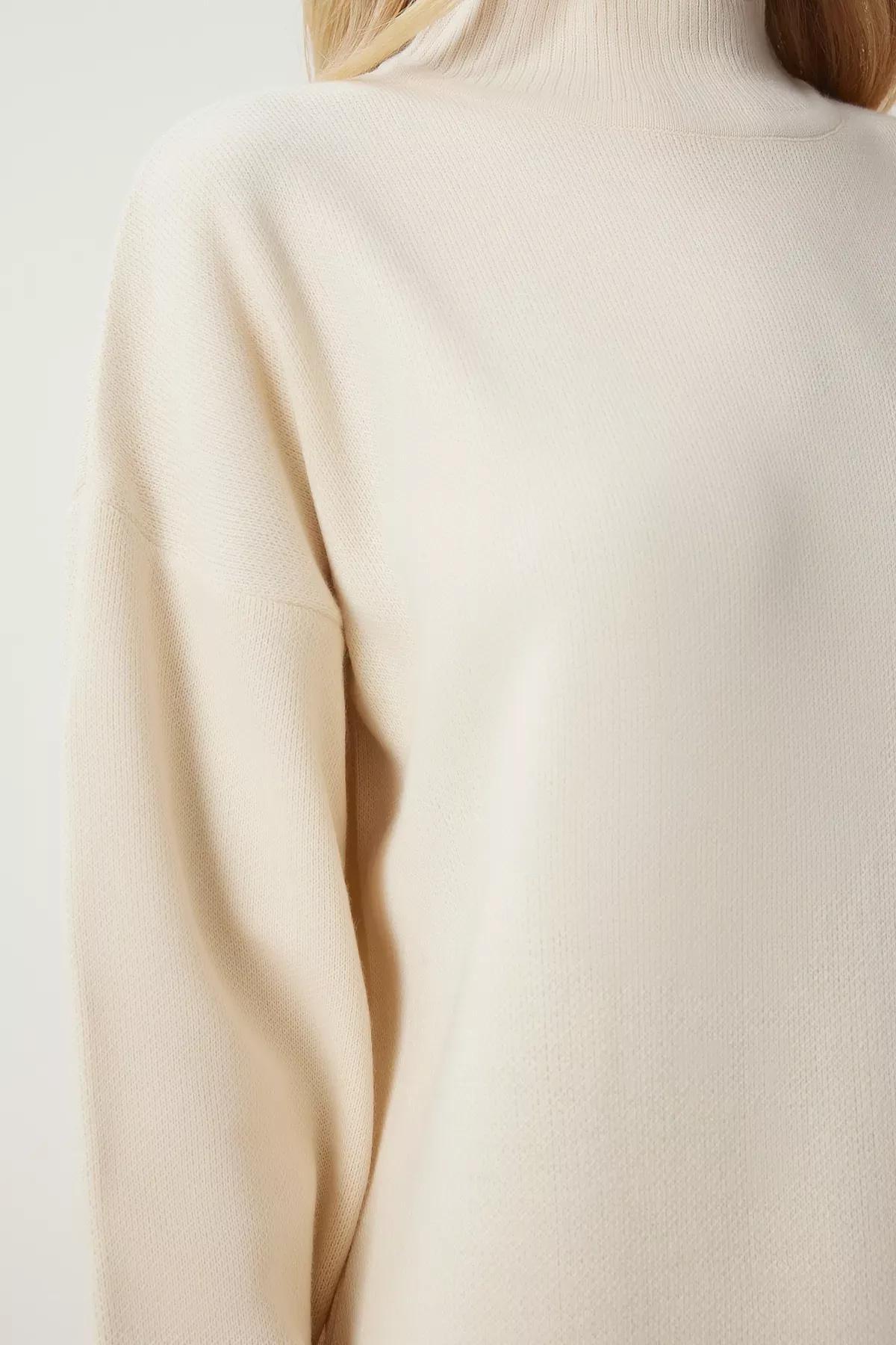 White Turtleneck Long Knitted Dress, Bone, large image number 3
