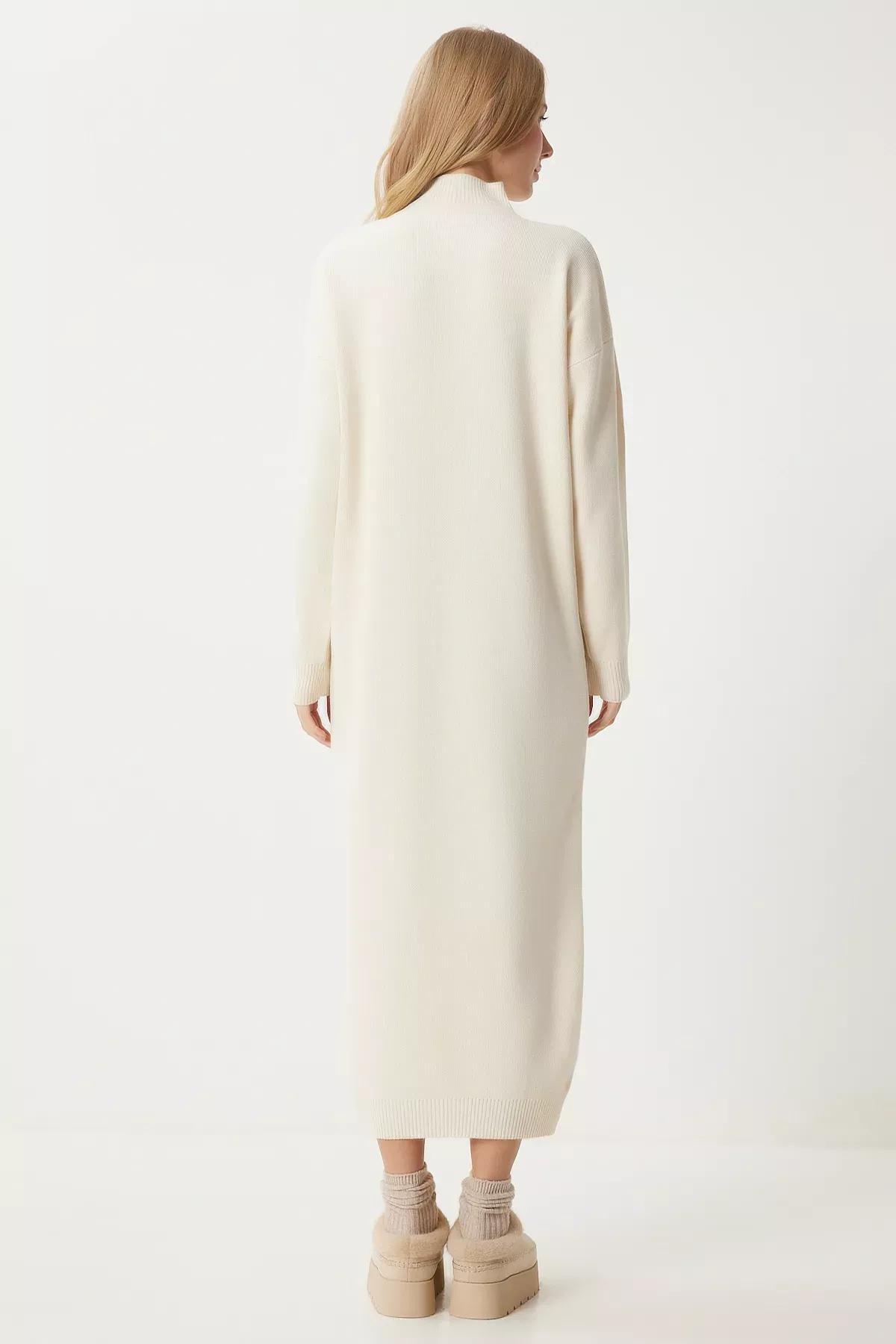 White Turtleneck Long Knitted Dress, Bone, large image number 4