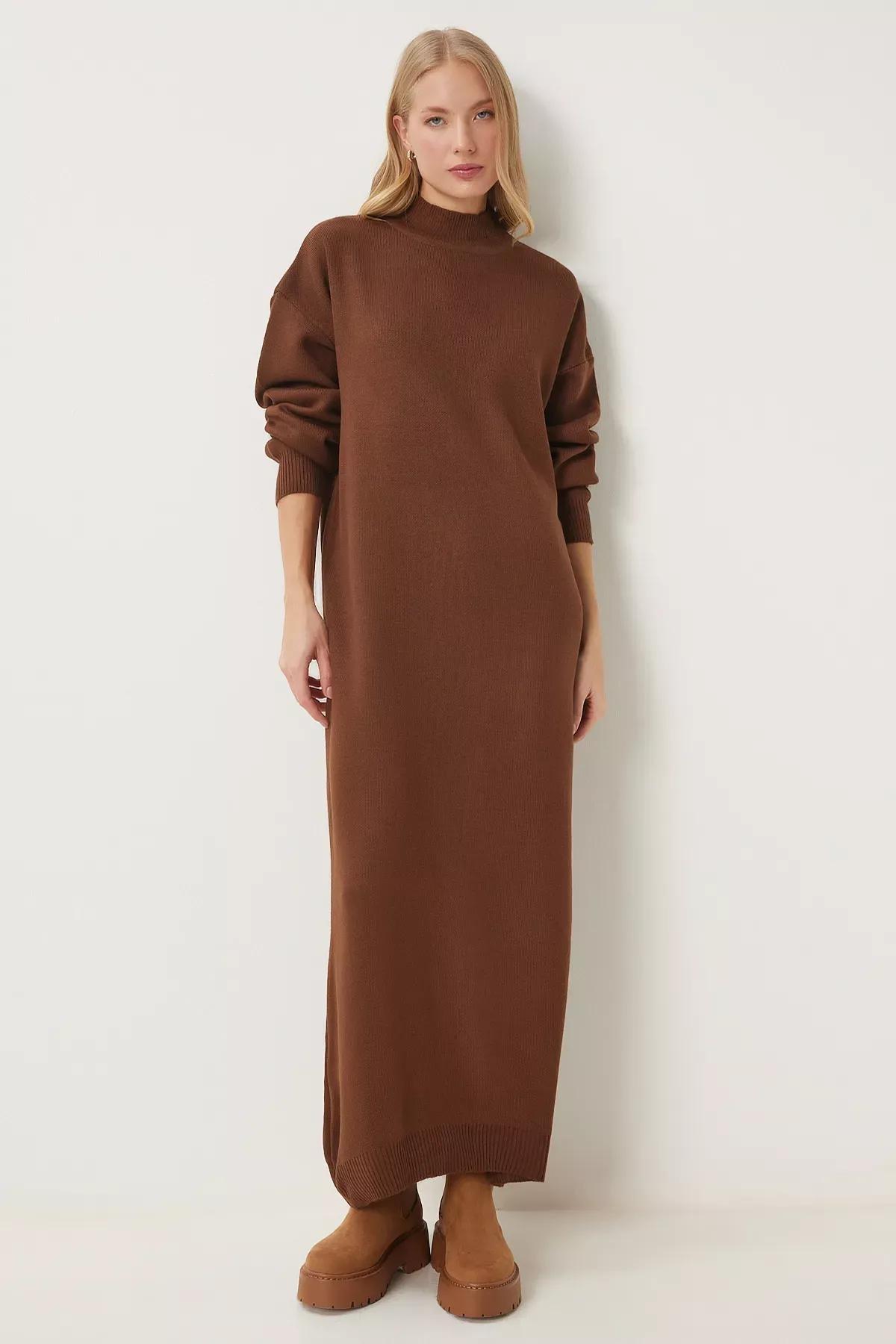 Brown Turtleneck Long Knitted Dress, Brown, large image number 0