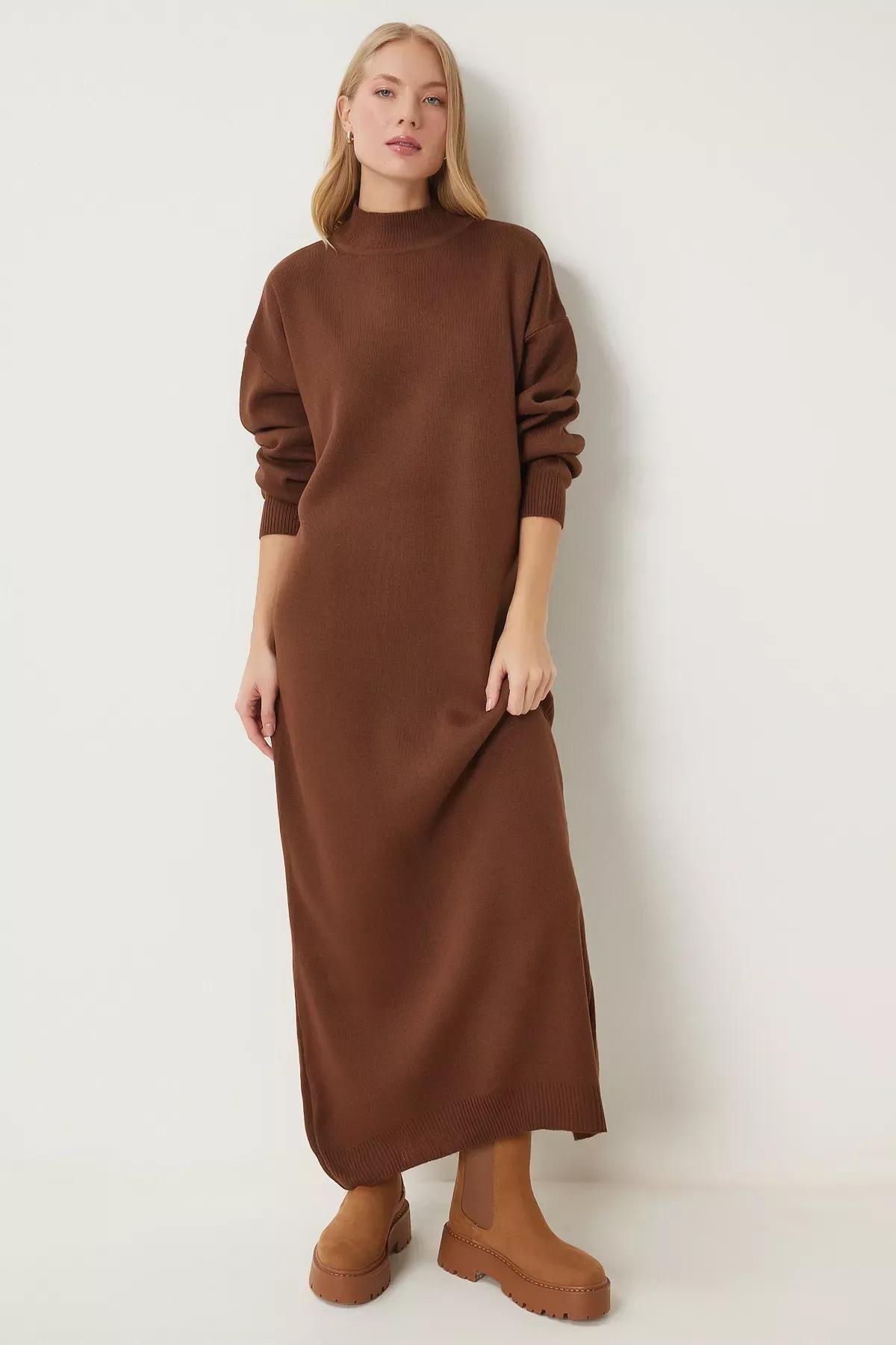 Brown Turtleneck Long Knitted Dress, Brown, large image number 1