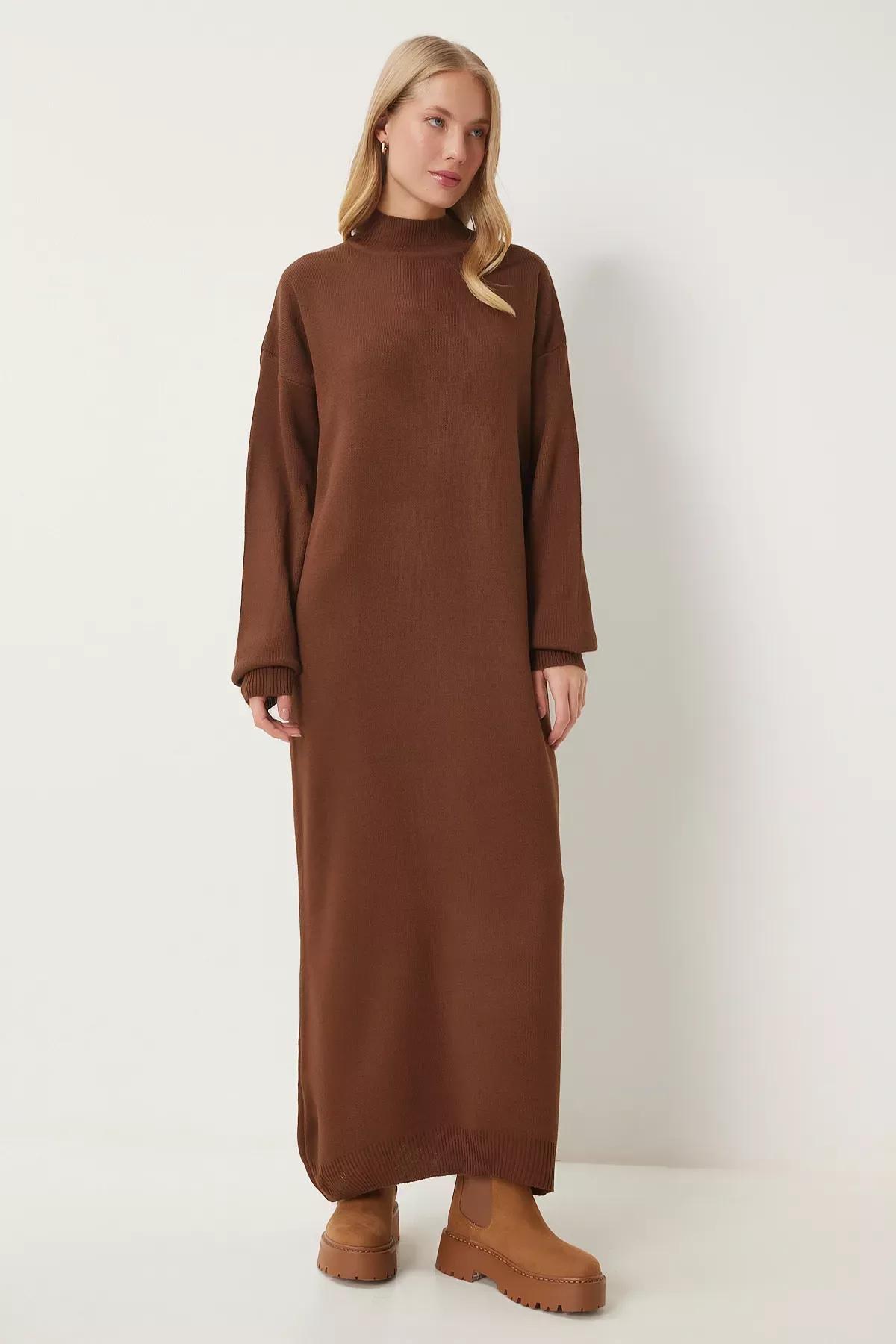 Brown Turtleneck Long Knitted Dress, Brown, large image number 2