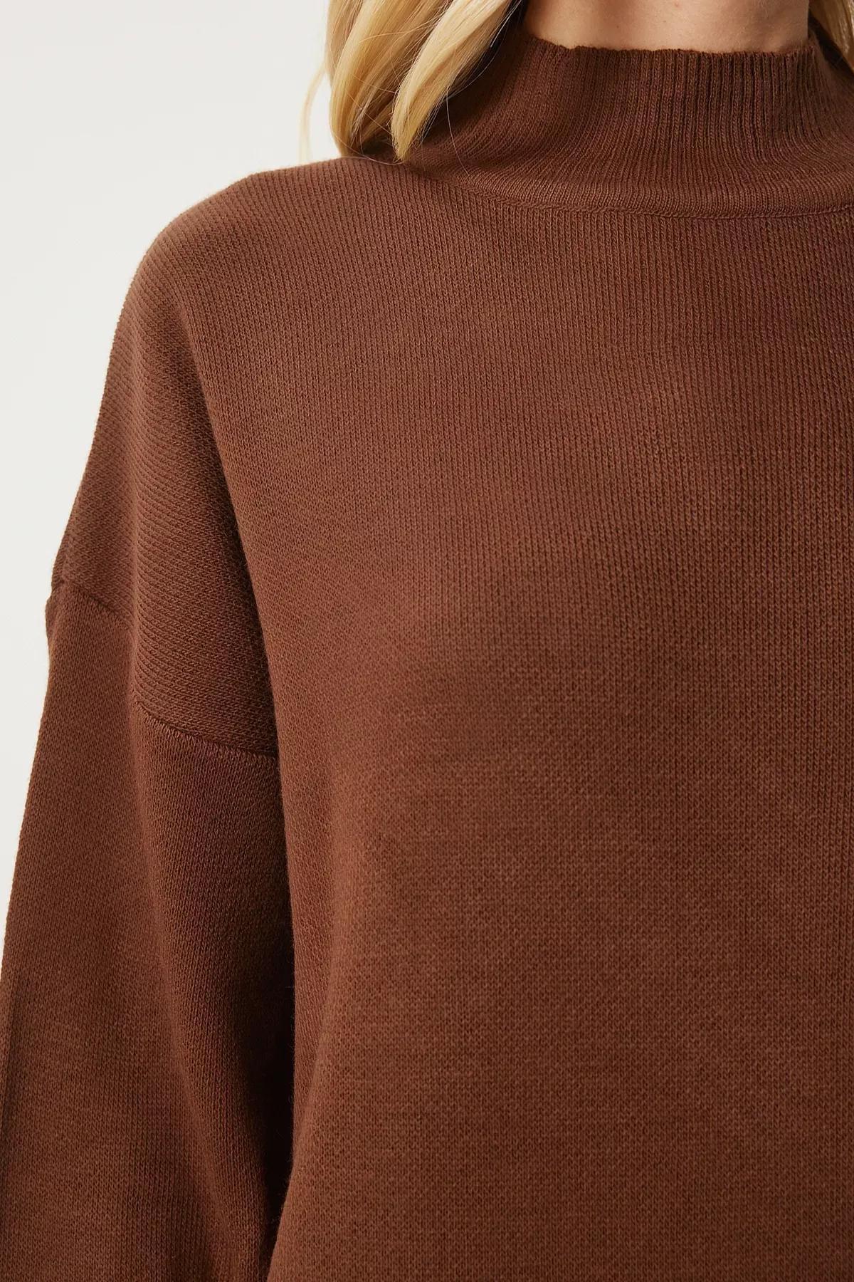 Brown Turtleneck Long Knitted Dress, Brown, large image number 3