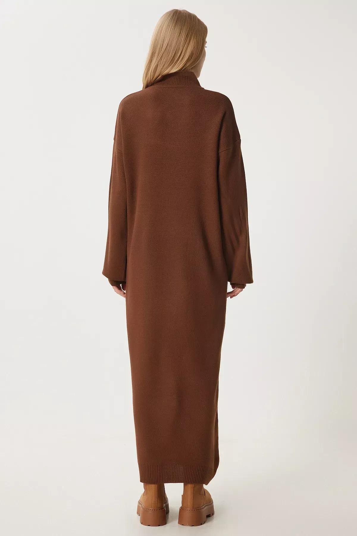 Brown Turtleneck Long Knitted Dress, Brown, large image number 4