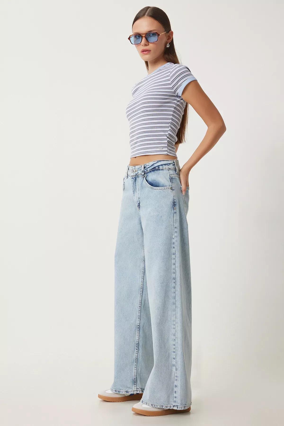 Blue Mid Waist Wide Jeans, , large image number 0