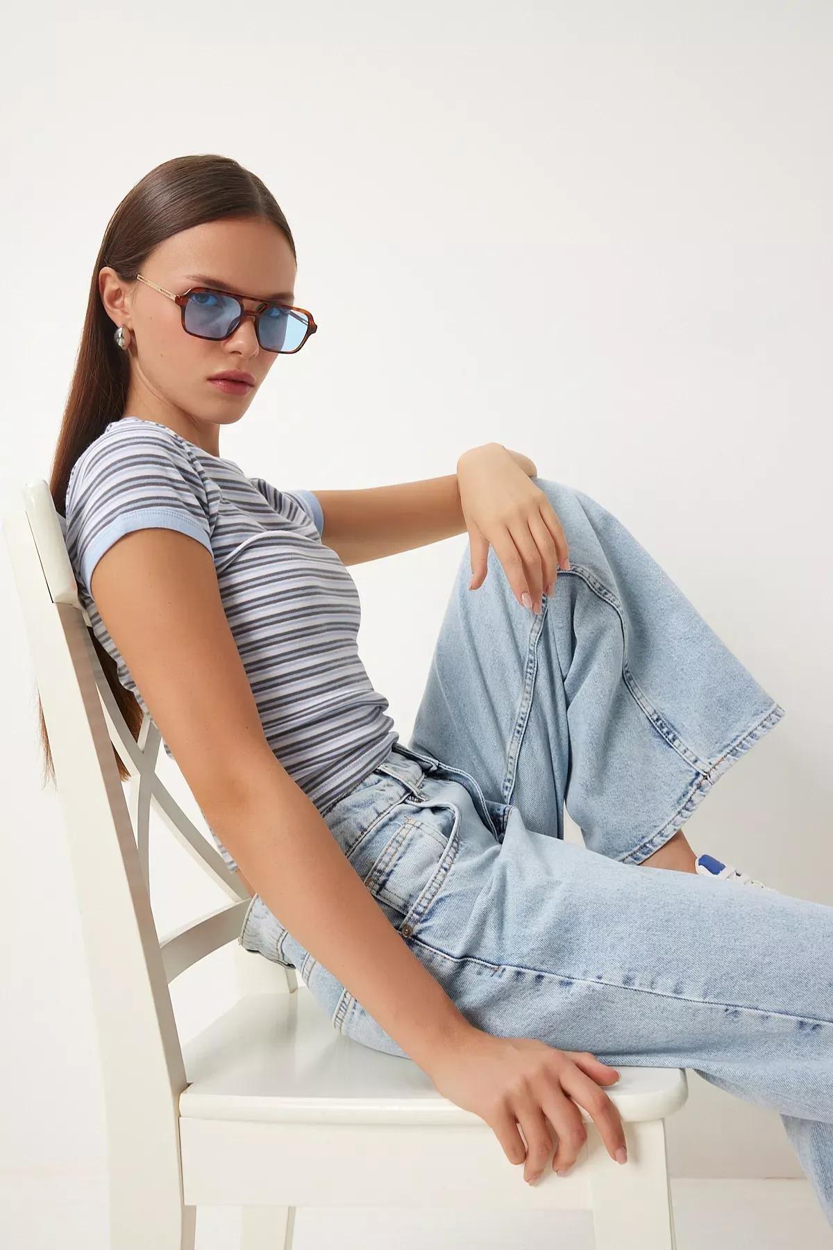 Blue Mid Waist Wide Jeans, , large image number 1