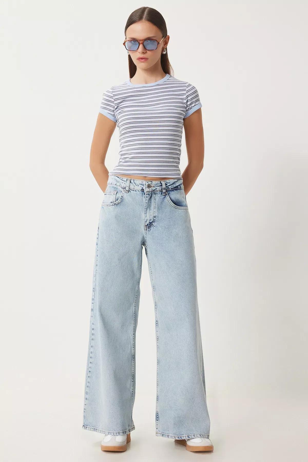Blue Mid Waist Wide Jeans, , large image number 3