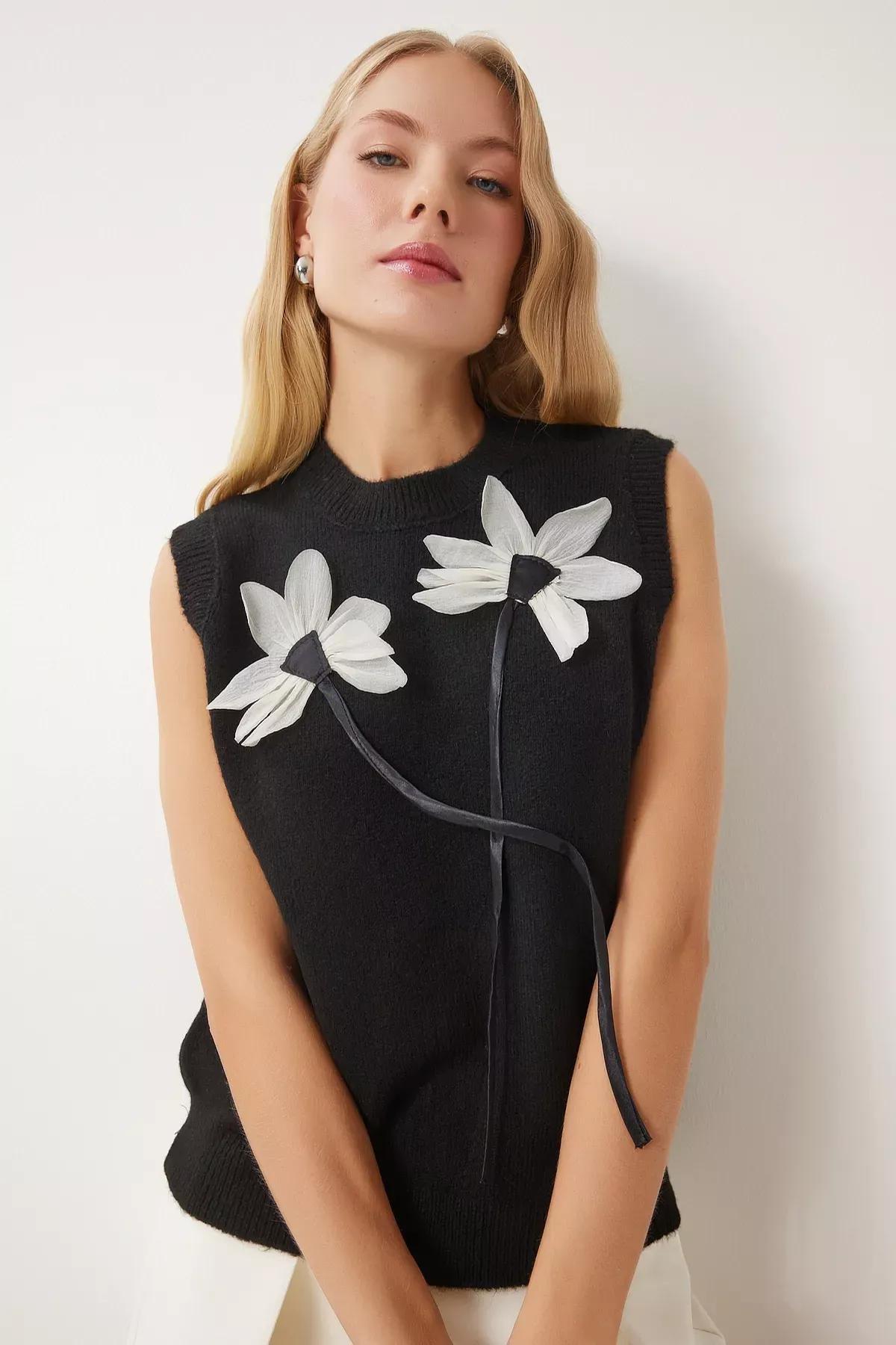 Black Floral Knitwear Sweater, BLACK, large image number 2