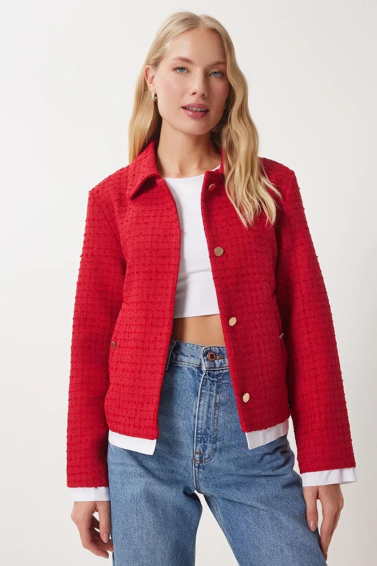 Red Shirt Collar Tweed Jacket, Red, medium