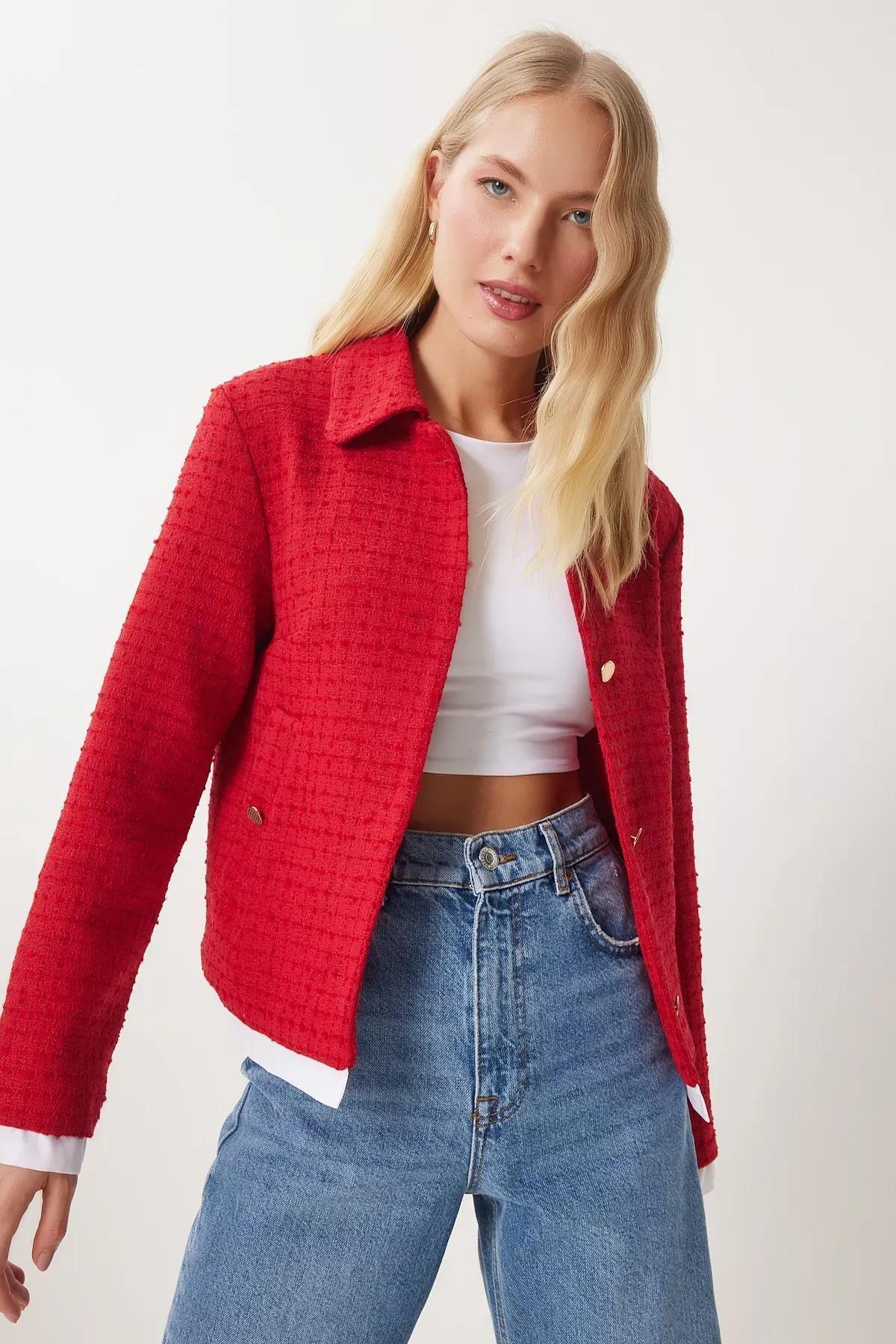 Red Shirt Collar Tweed Jacket, Red, medium