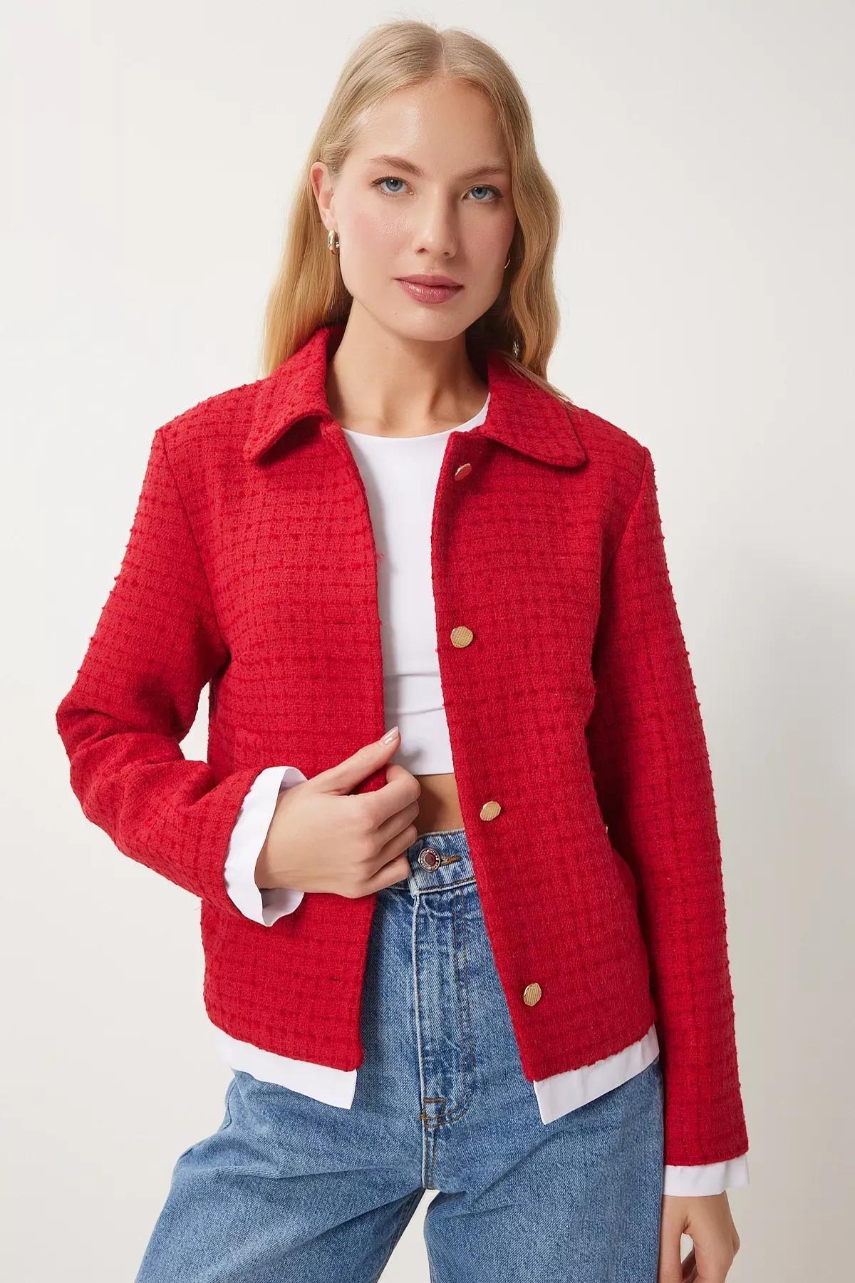 Red Shirt Collar Tweed Jacket, Red, medium