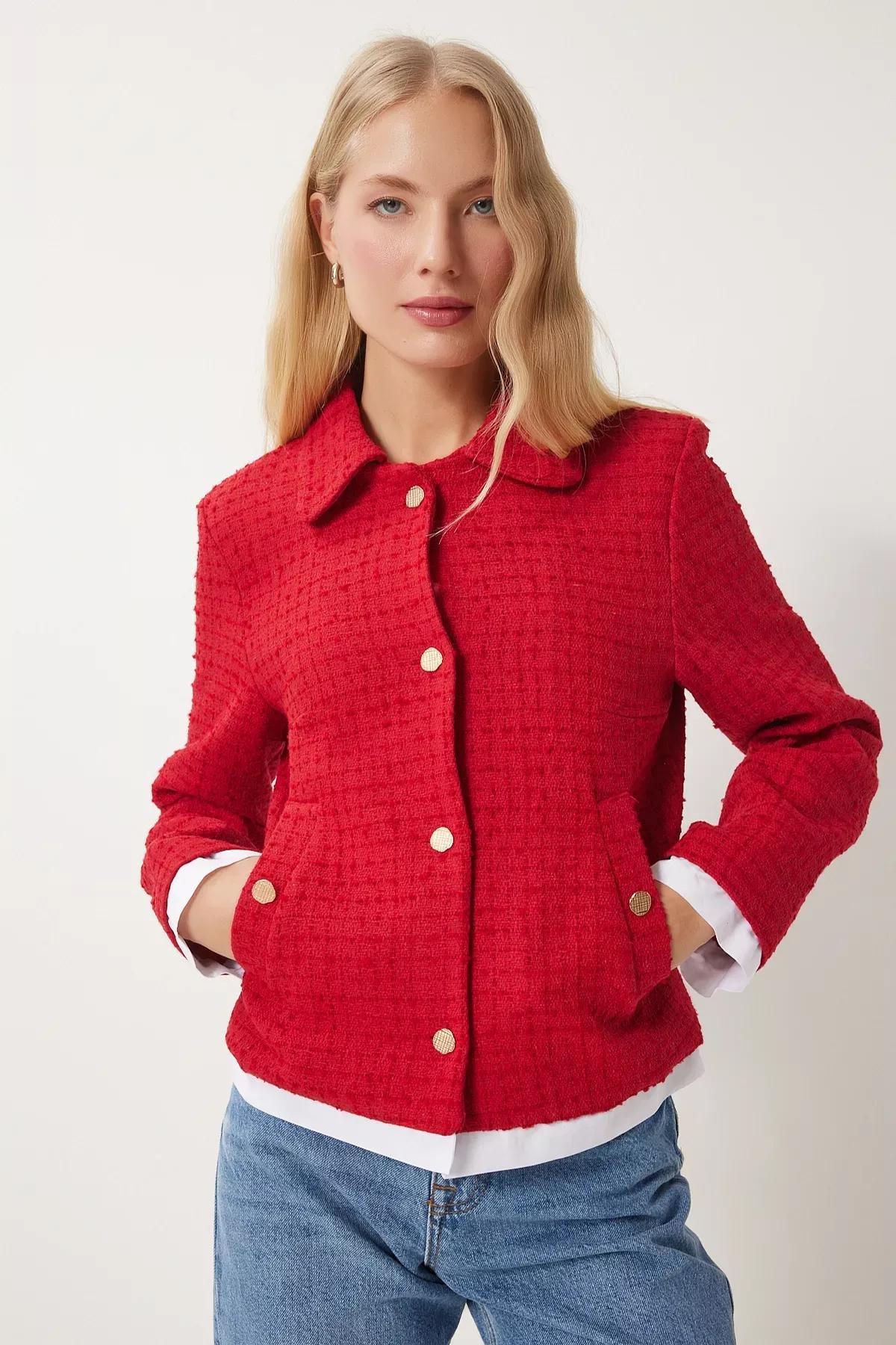 Red Shirt Collar Tweed Jacket, Red, large image number 3