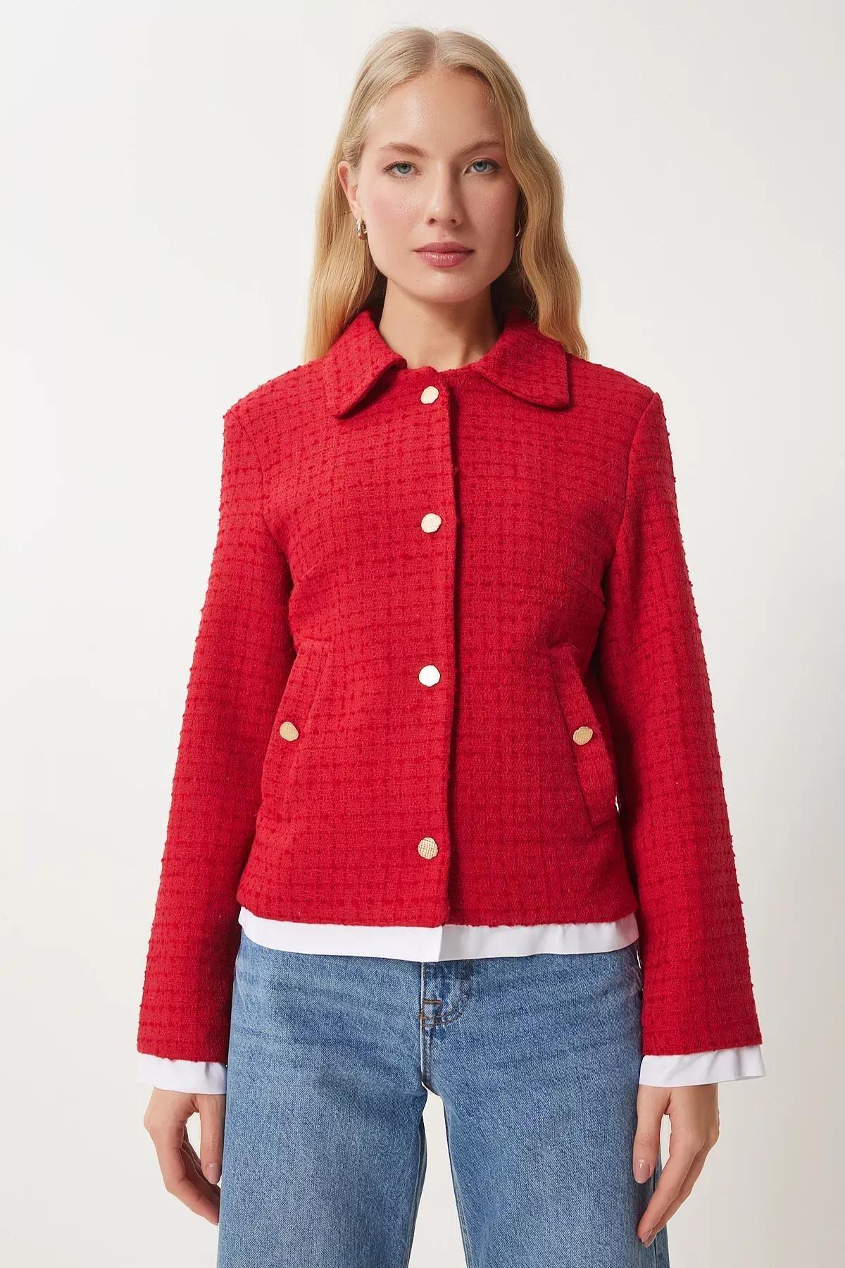 Red Shirt Collar Tweed Jacket, Red, large image number 4