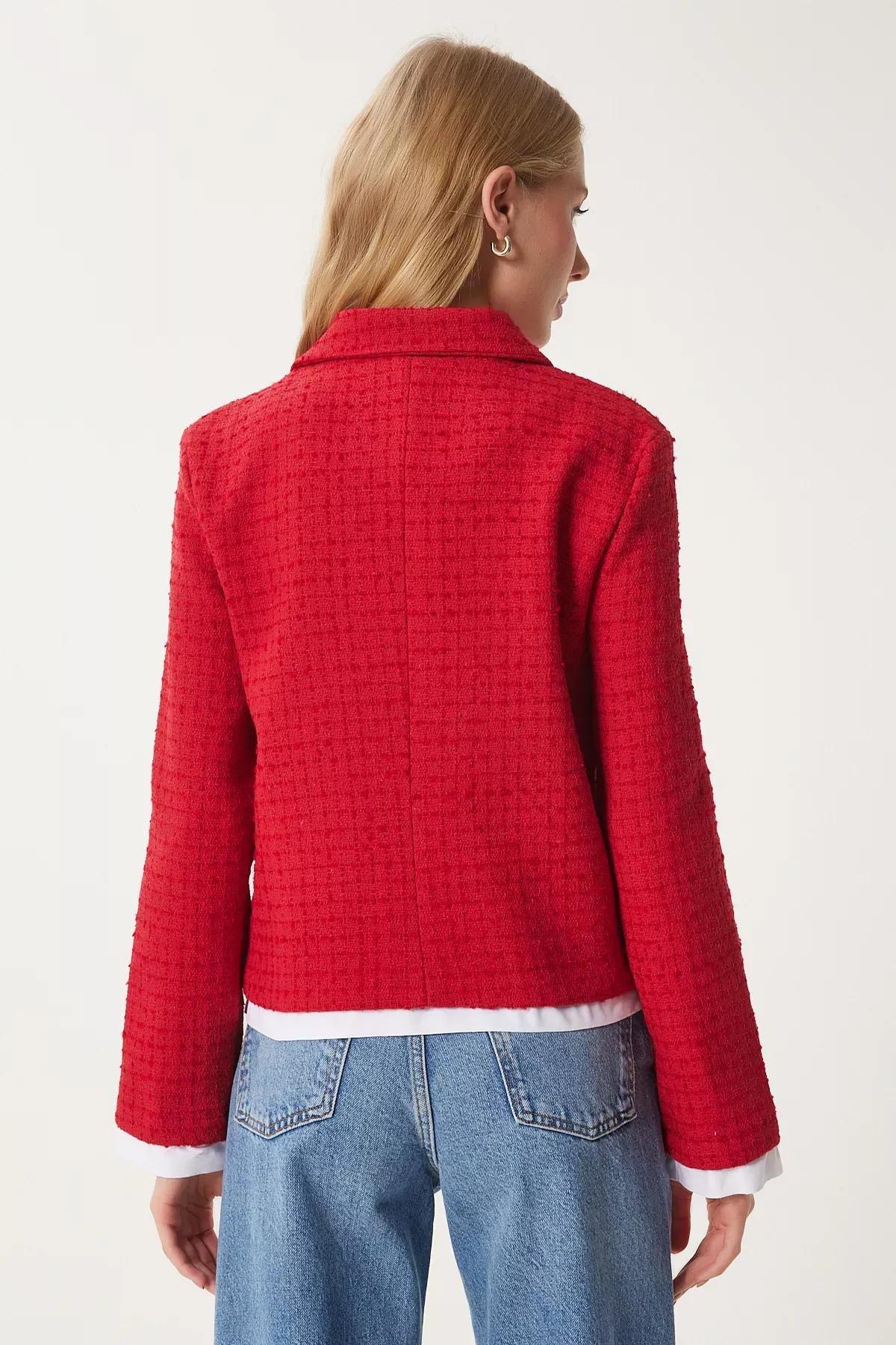 Red Shirt Collar Tweed Jacket, Red, large image number 6