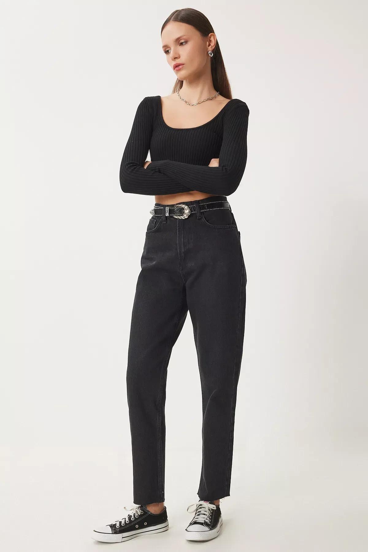 Black Mid Waist Straight Jeans, , large image number 1