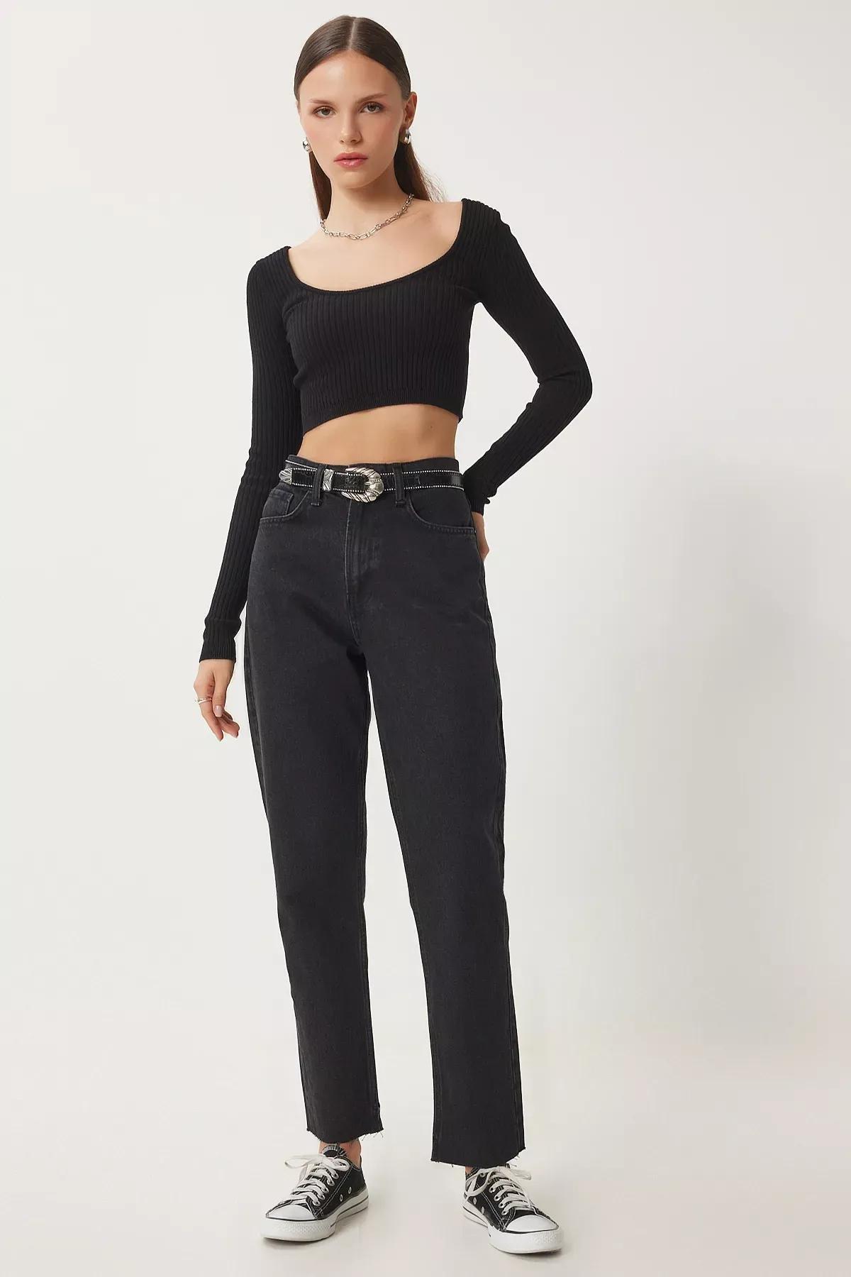 Black Mid Waist Straight Jeans, BLACK, large image number 3