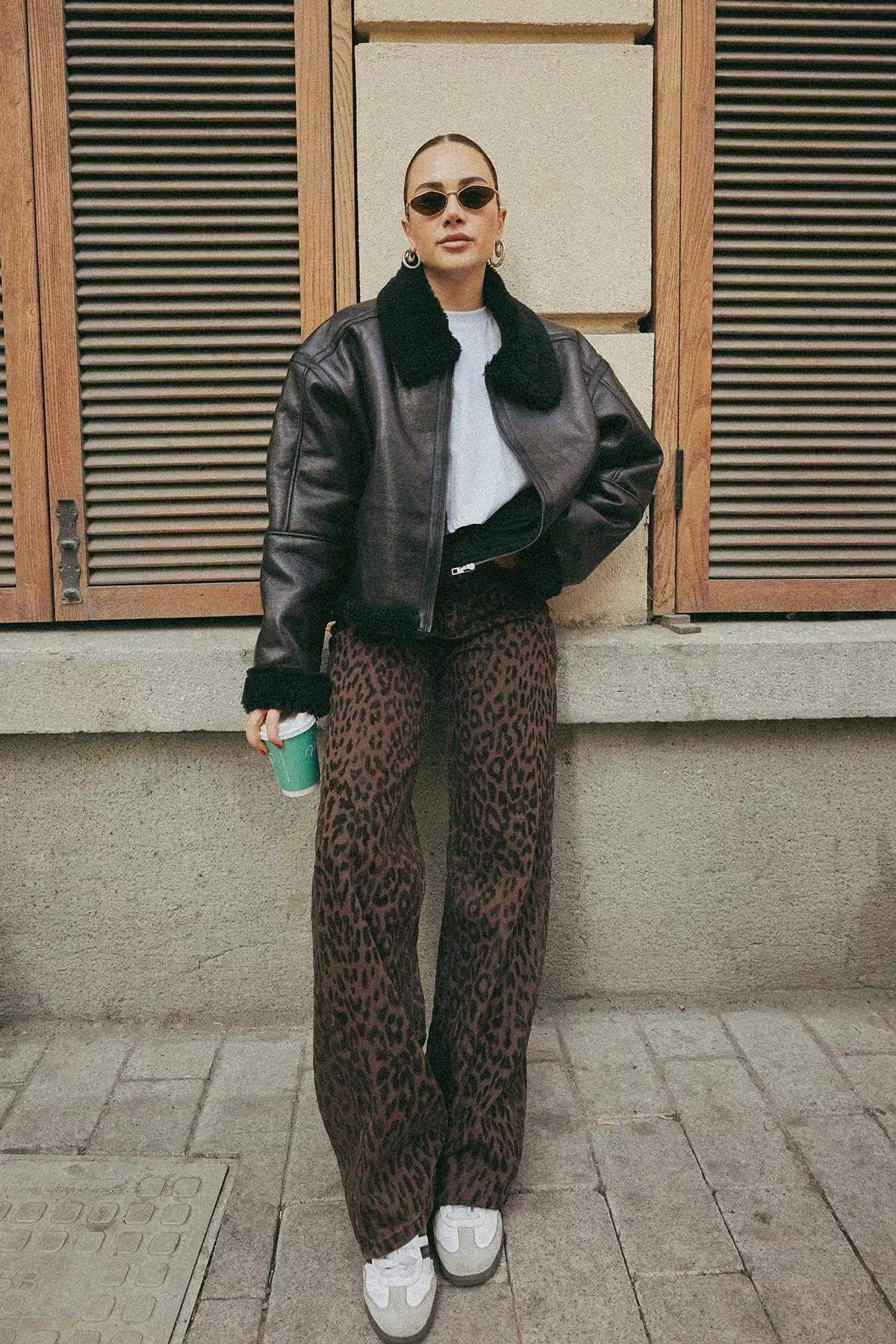 Brown Suede Leopard Jeans, Brown, large image number 0