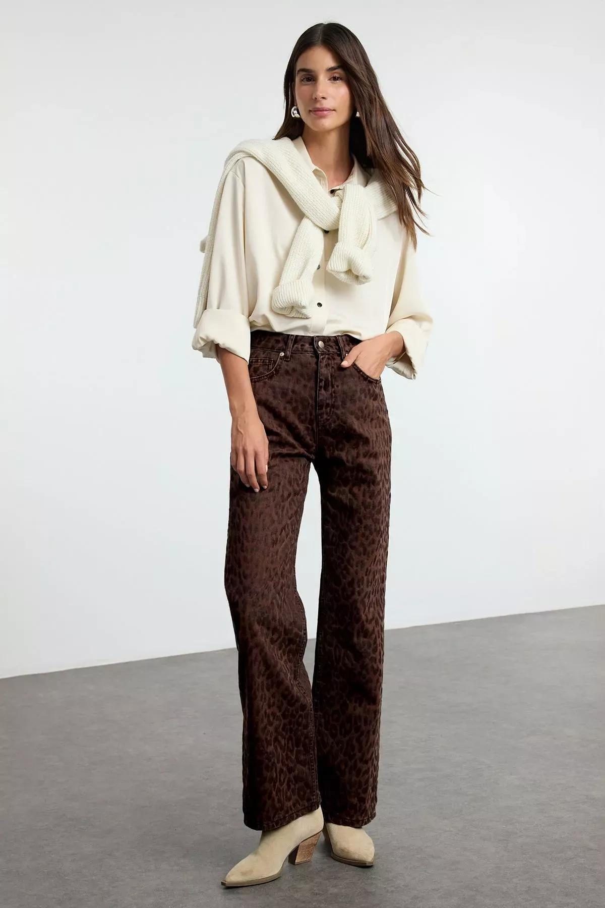 Brown Suede Leopard Jeans, Brown, large image number 2