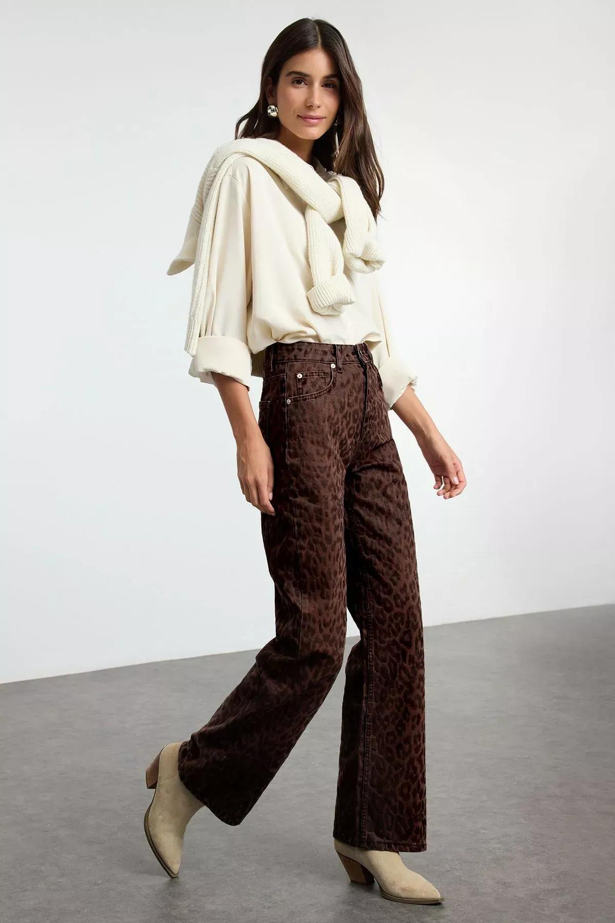 Brown Suede Leopard Jeans, Brown, large image number 3