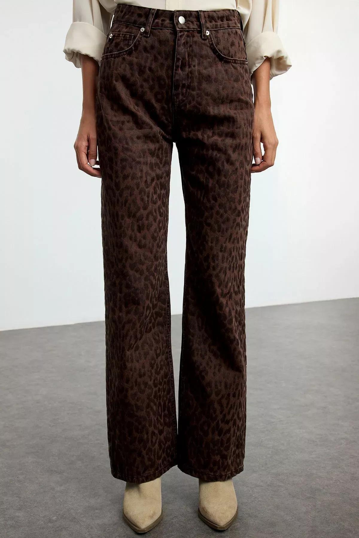 Brown Suede Leopard Jeans, Brown, large image number 4