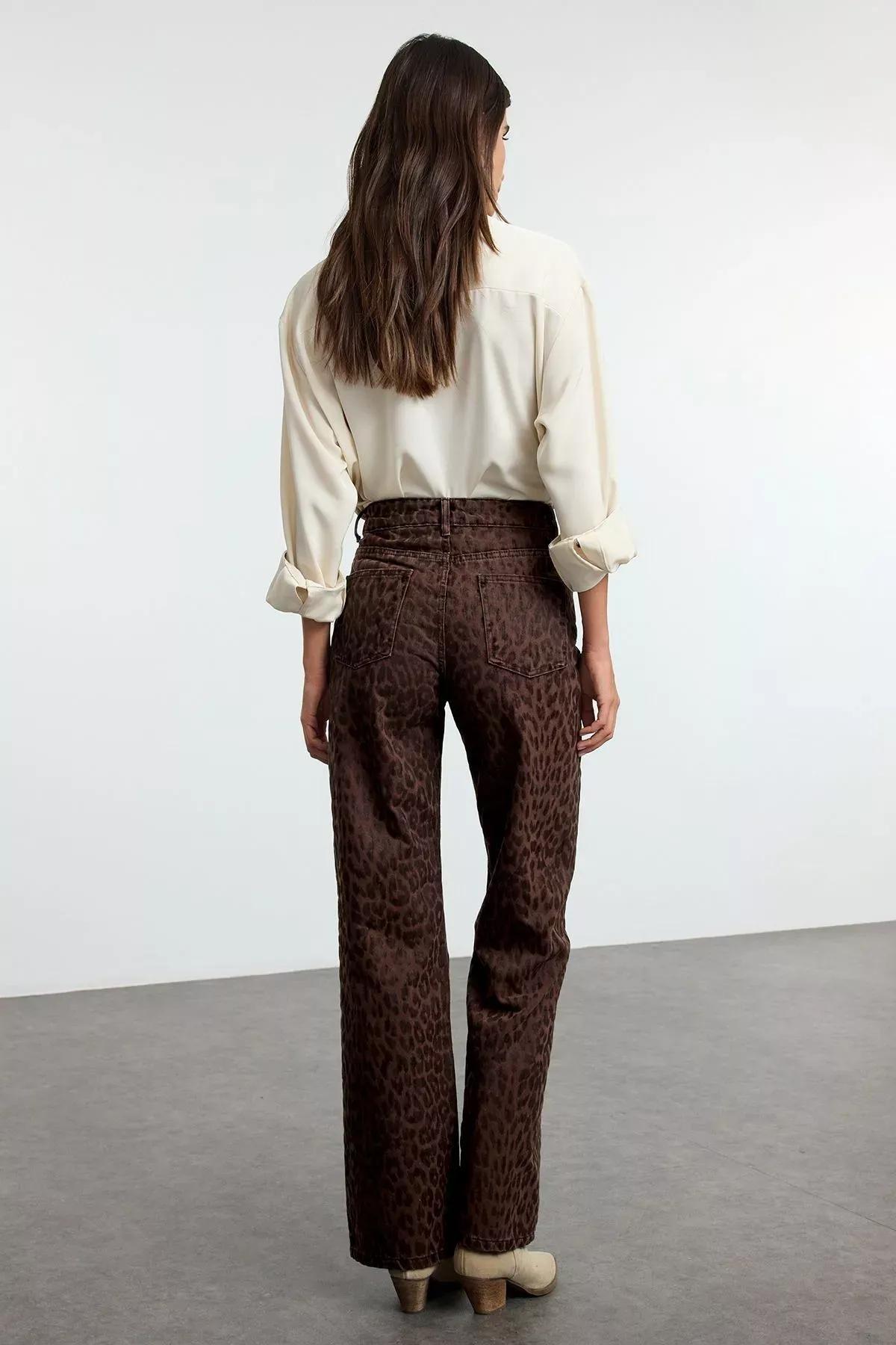 Brown Suede Leopard Jeans, Brown, large image number 5