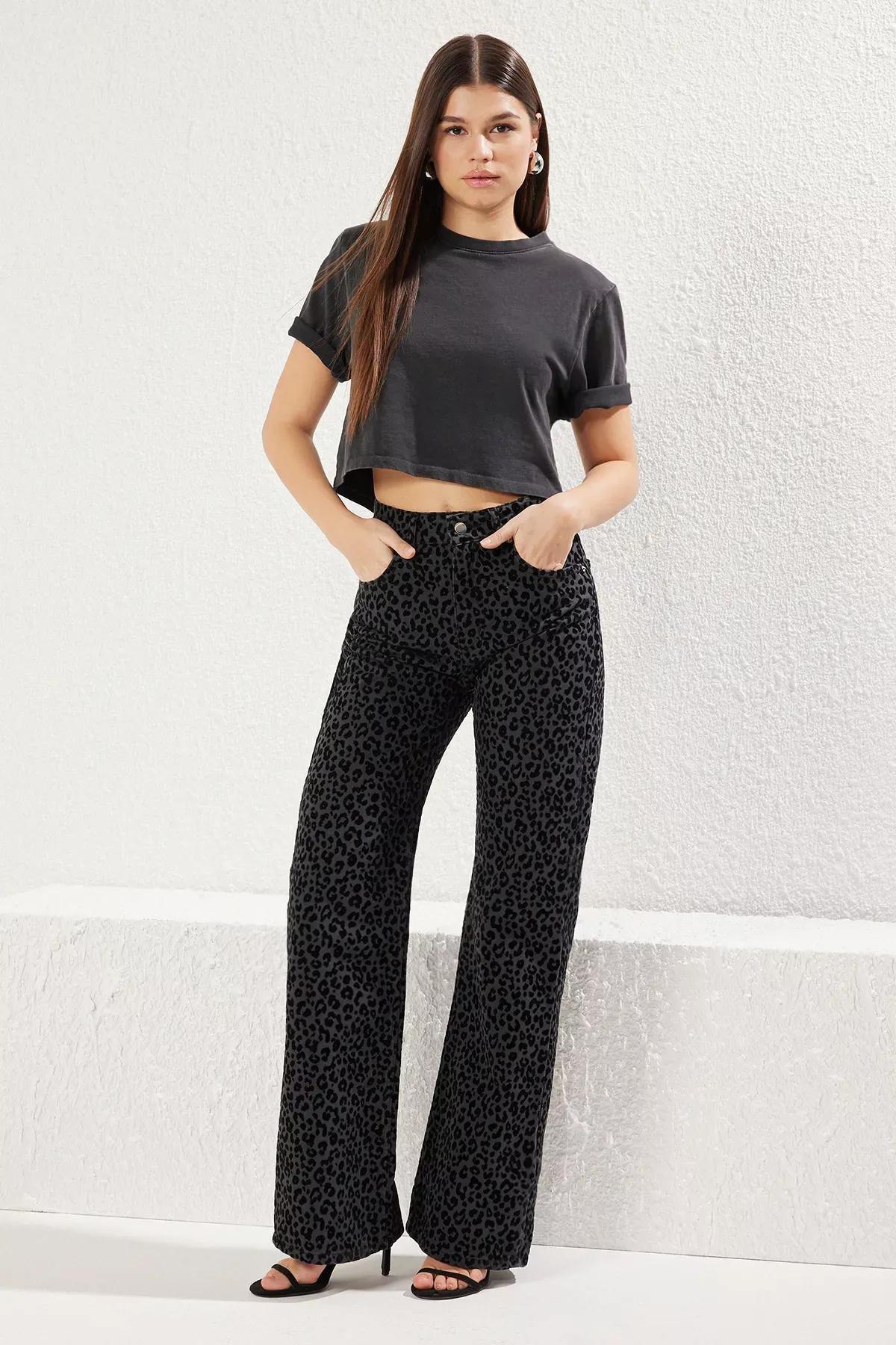 Black Suede Leopard Jeans, , large image number 0