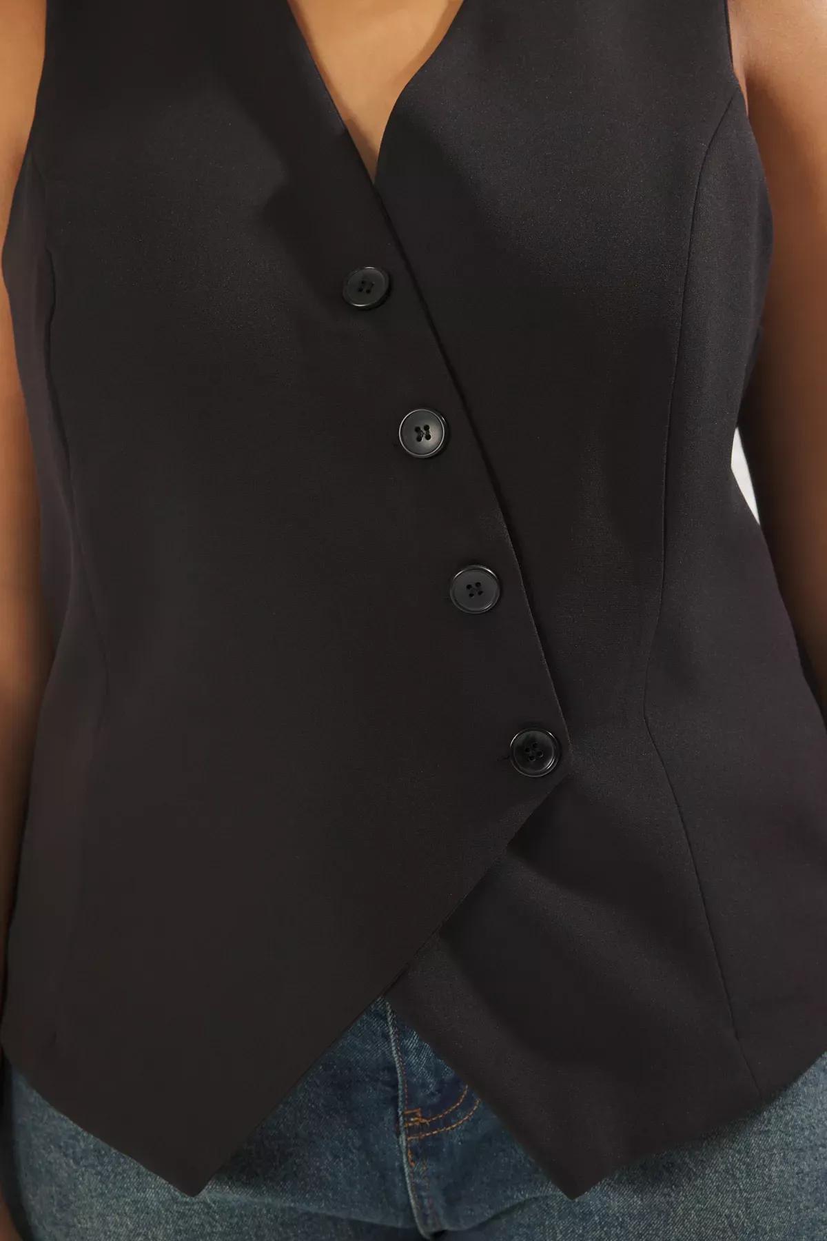 Black Buttoned Plus-Size Woven Vest, BLACK, large image number 3