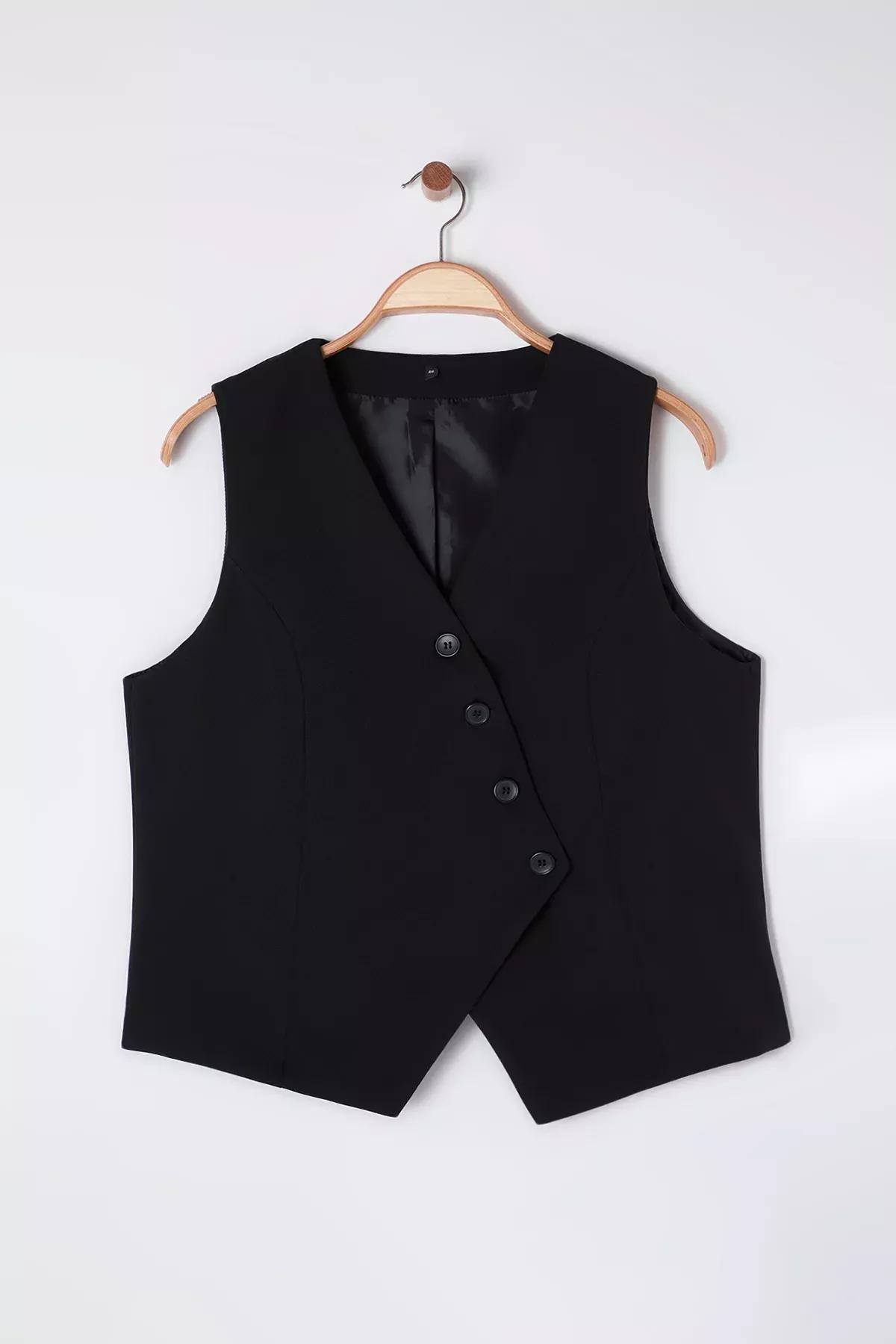 Black Buttoned Plus-Size Woven Vest, BLACK, large image number 6