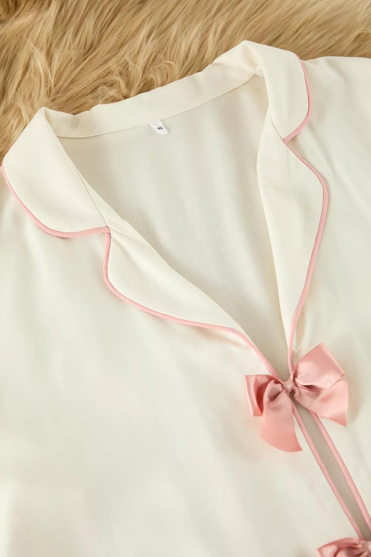 Beige Detailed Viscose Woven Pyjamas Set, Ecru, large image number 6