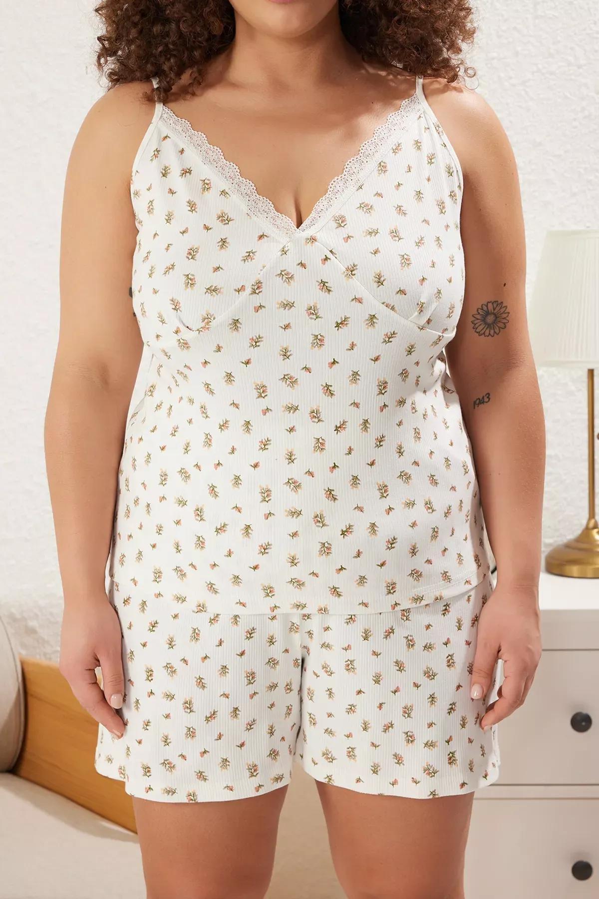 Beige Cotton Floral Lace Detailed Pyjamas Set, Ecru, large image number 2
