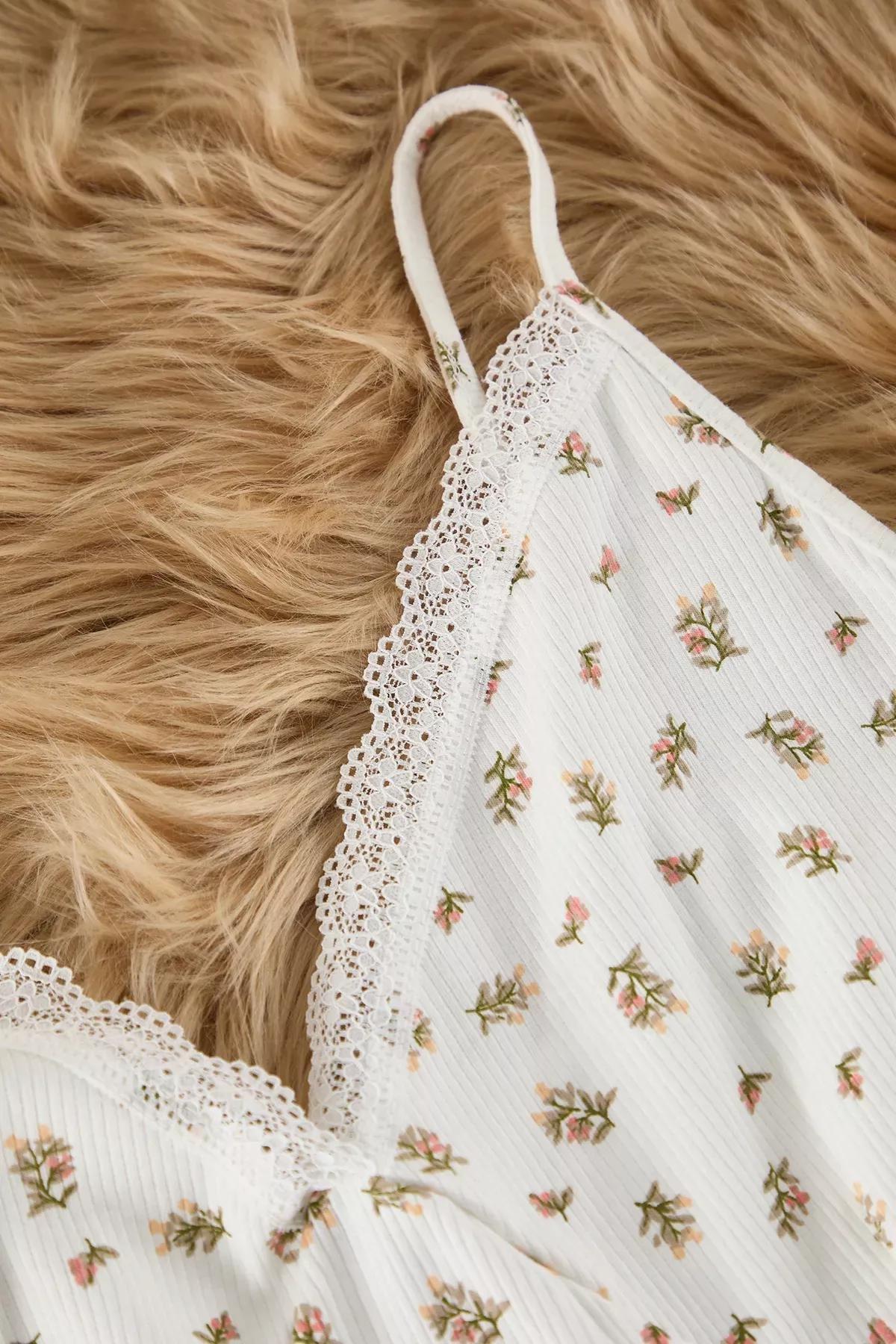 Beige Cotton Floral Lace Detailed Pyjamas Set, Ecru, large image number 5
