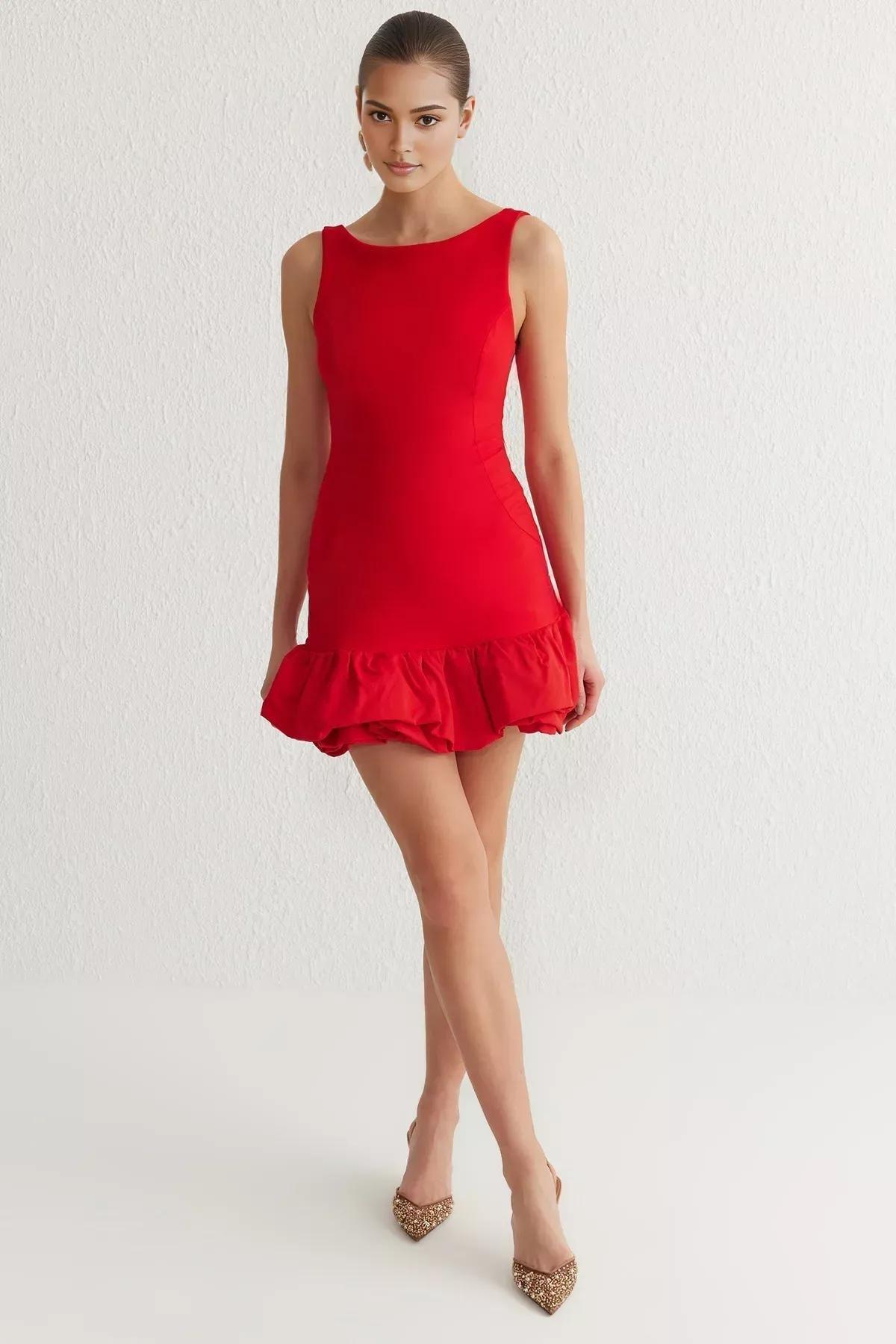 Red Balloon Skirt Detailed Short Dress, , large image number 0