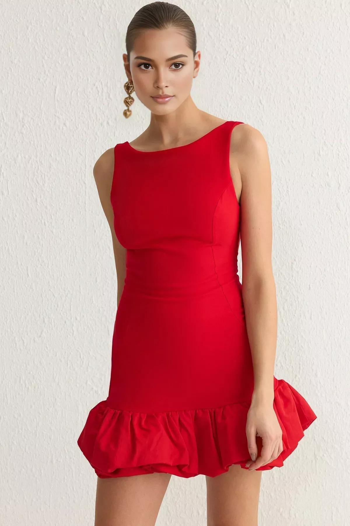 Red Balloon Skirt Detailed Short Dress, , large image number 1