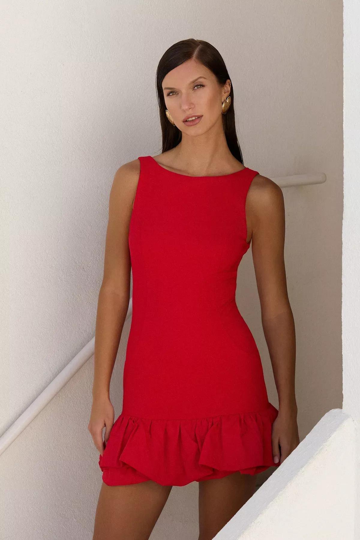 Red Balloon Skirt Detailed Short Dress, Red, large image number 1