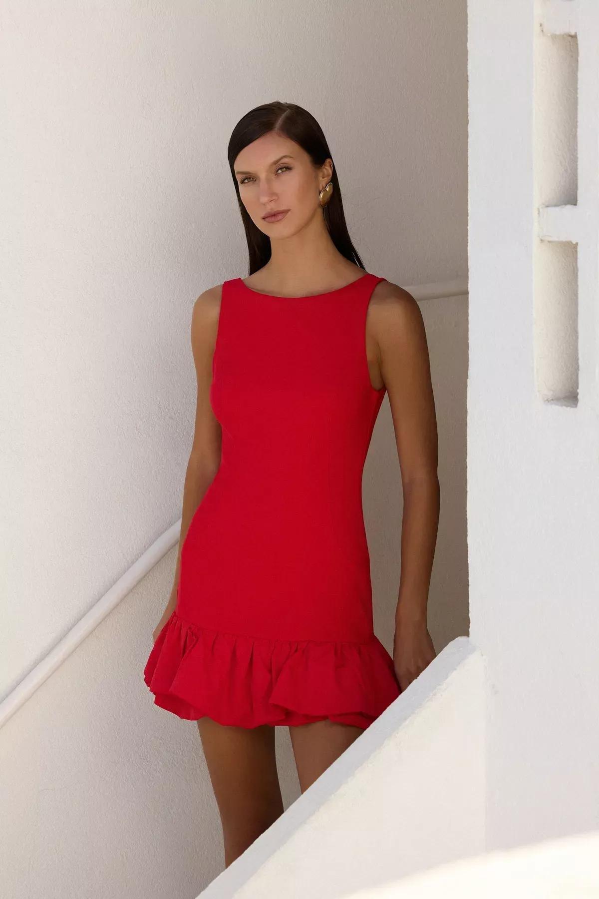 Red Balloon Skirt Detailed Short Dress, Red, large image number 3