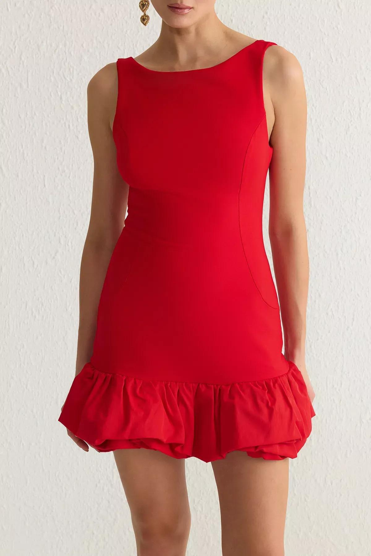 Red Balloon Skirt Detailed Short Dress, Red, large image number 4