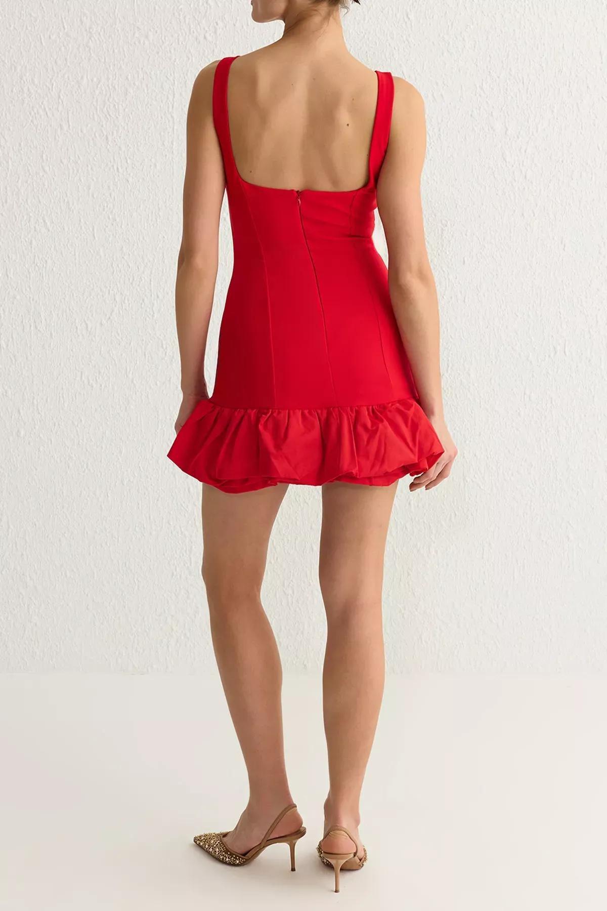 Red Balloon Skirt Detailed Short Dress, Red, large image number 5