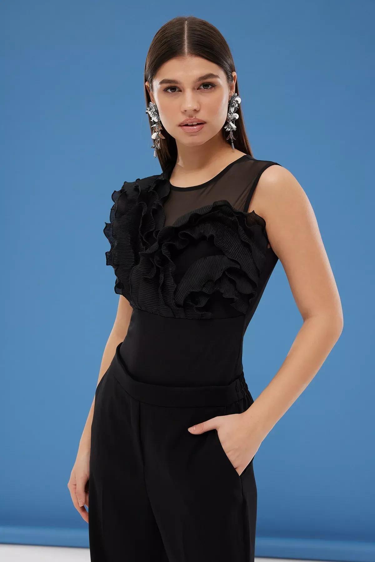 Black Ruffle Knitted Bodysuit, , large image number 0