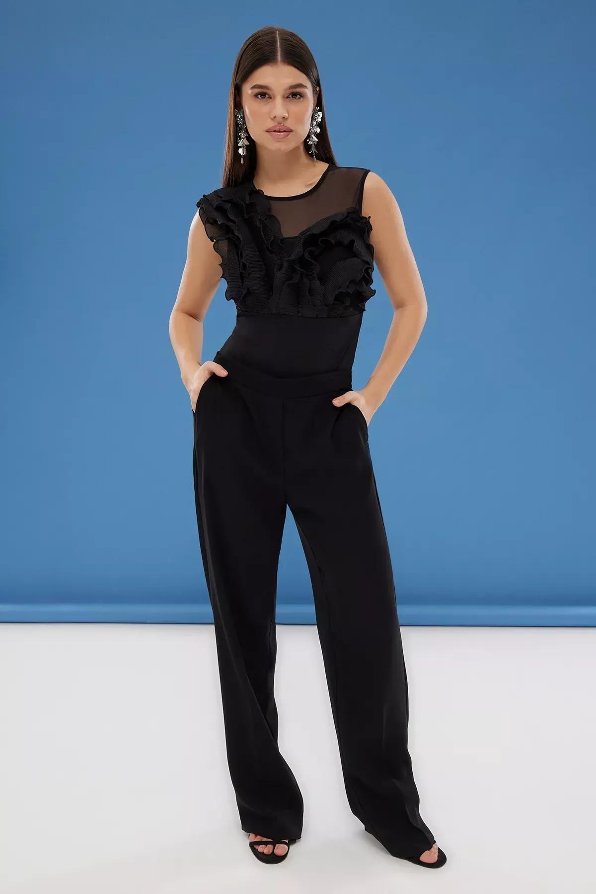 Black Ruffle Knitted Bodysuit, , large image number 1