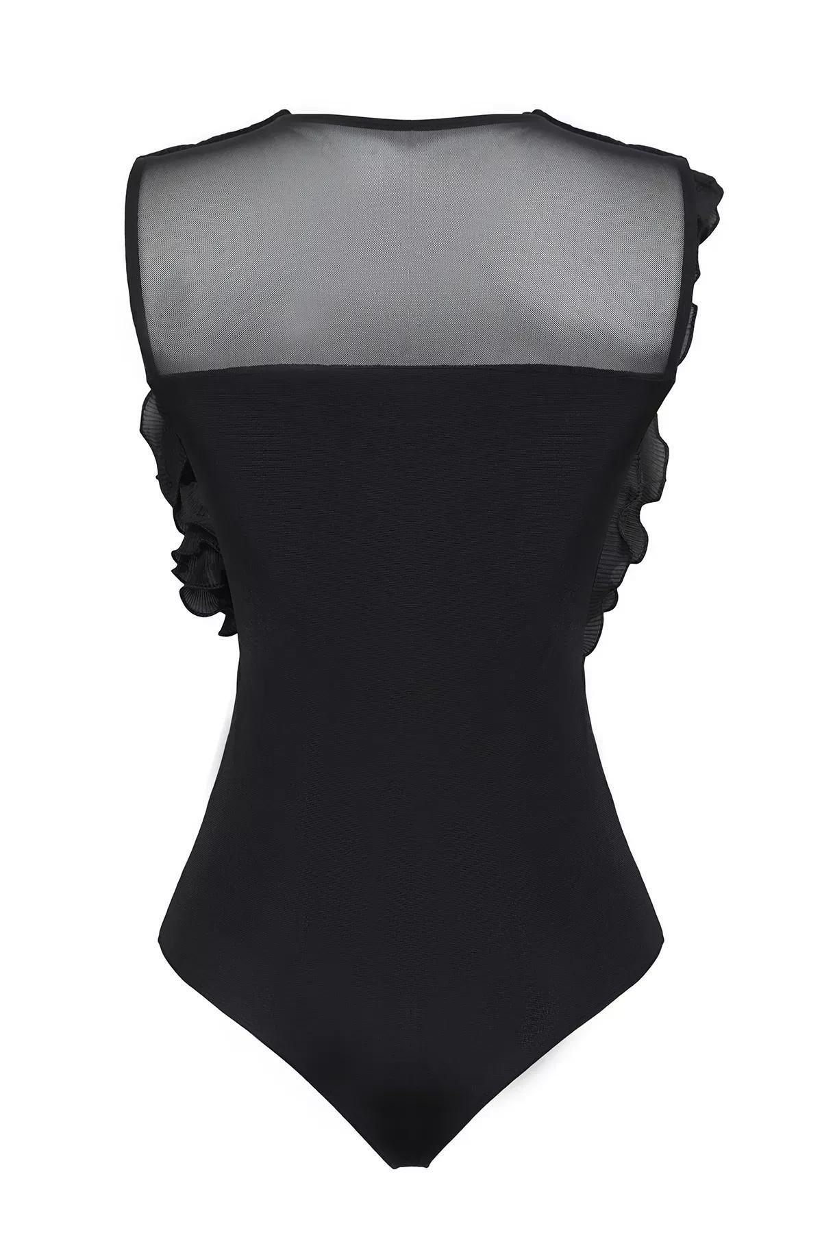 Black Ruffle Knitted Bodysuit, , large image number 6
