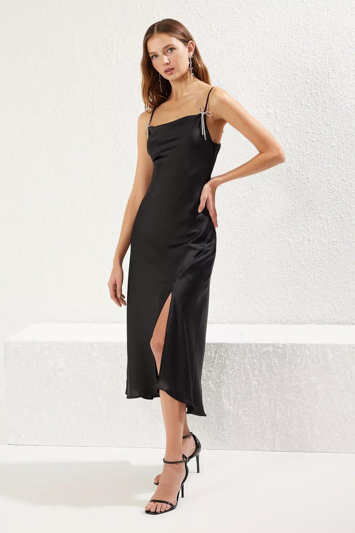 Black Bow Detailed Satin Dress, BLACK, large image number 0