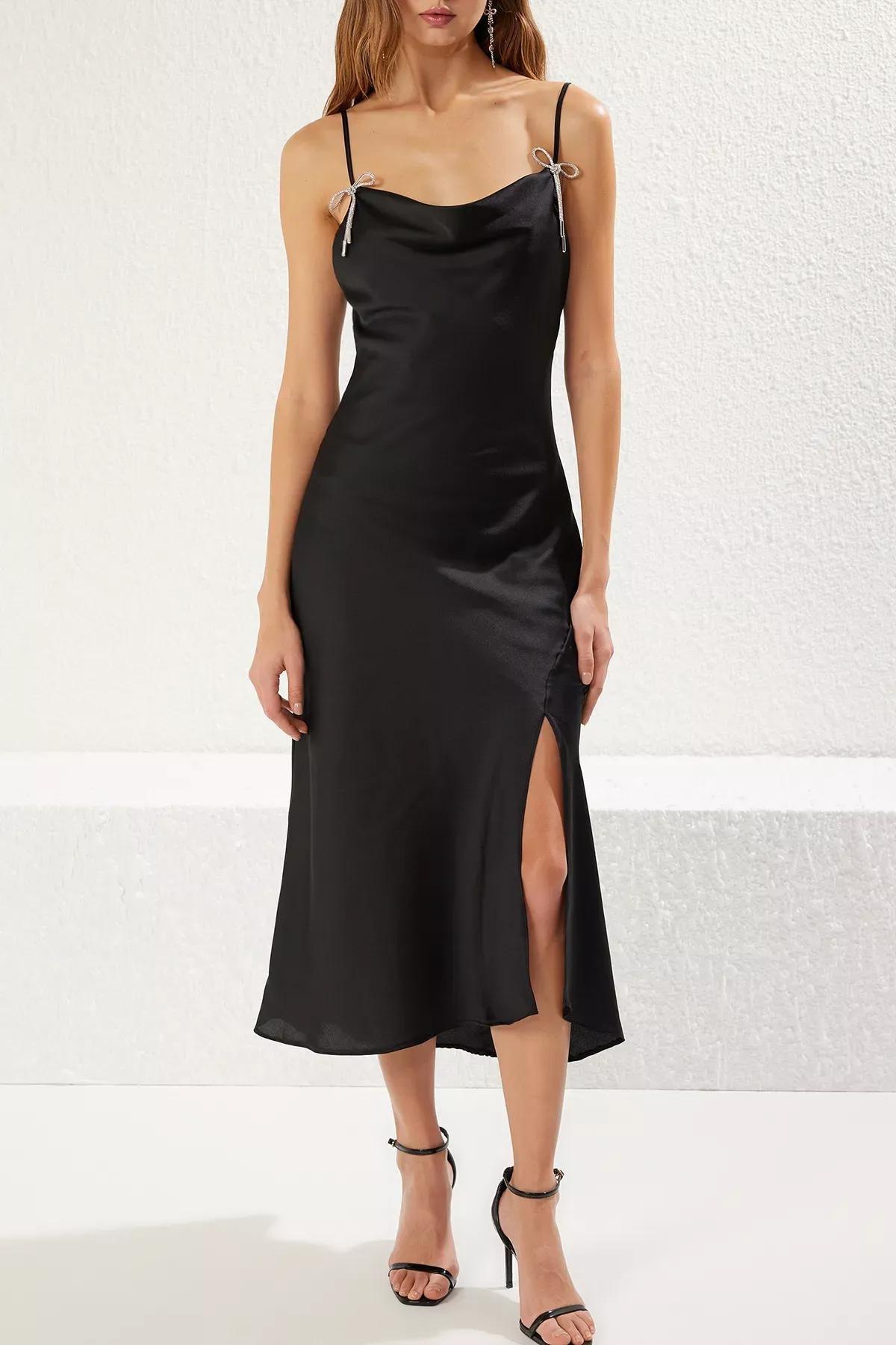 Black Bow Detailed Satin Dress, BLACK, large image number 2