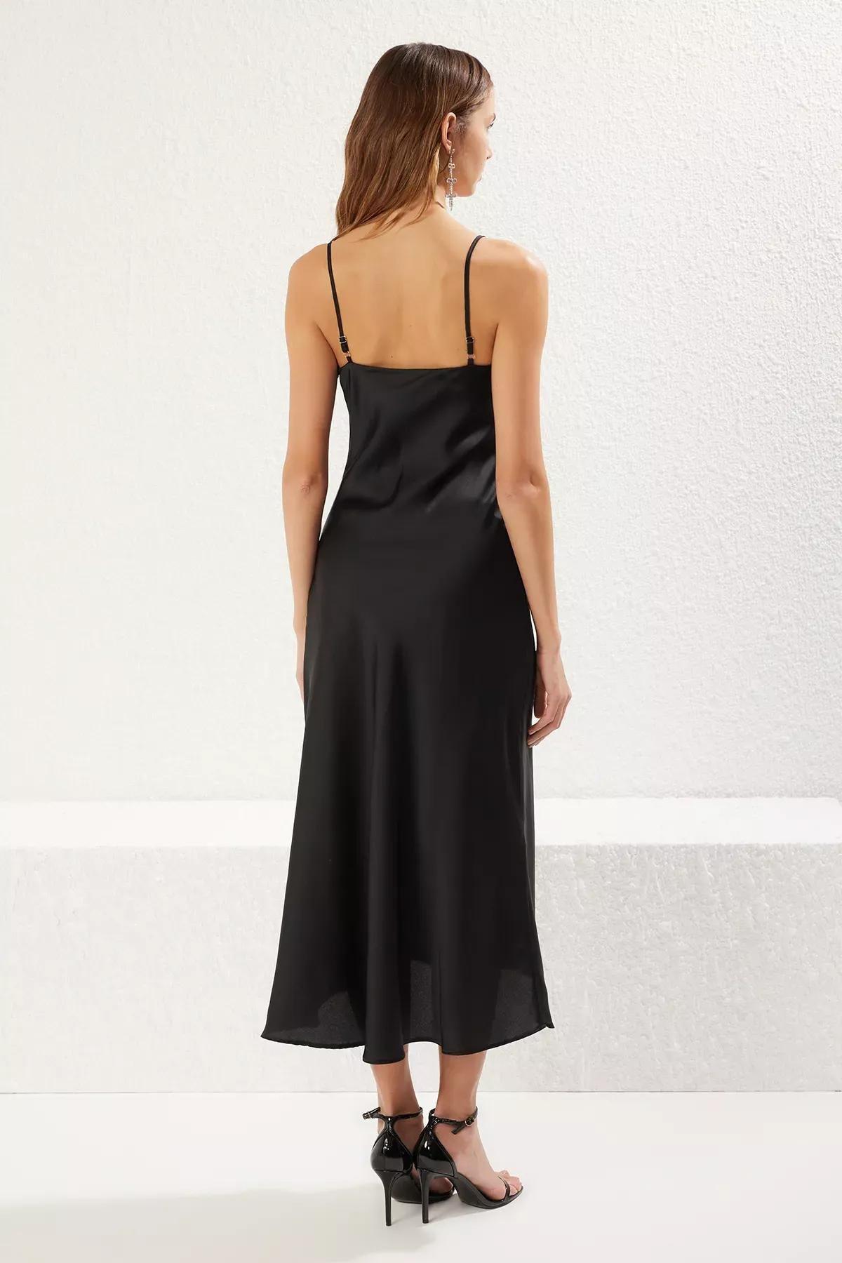 Black Bow Detailed Satin Dress, BLACK, large image number 4