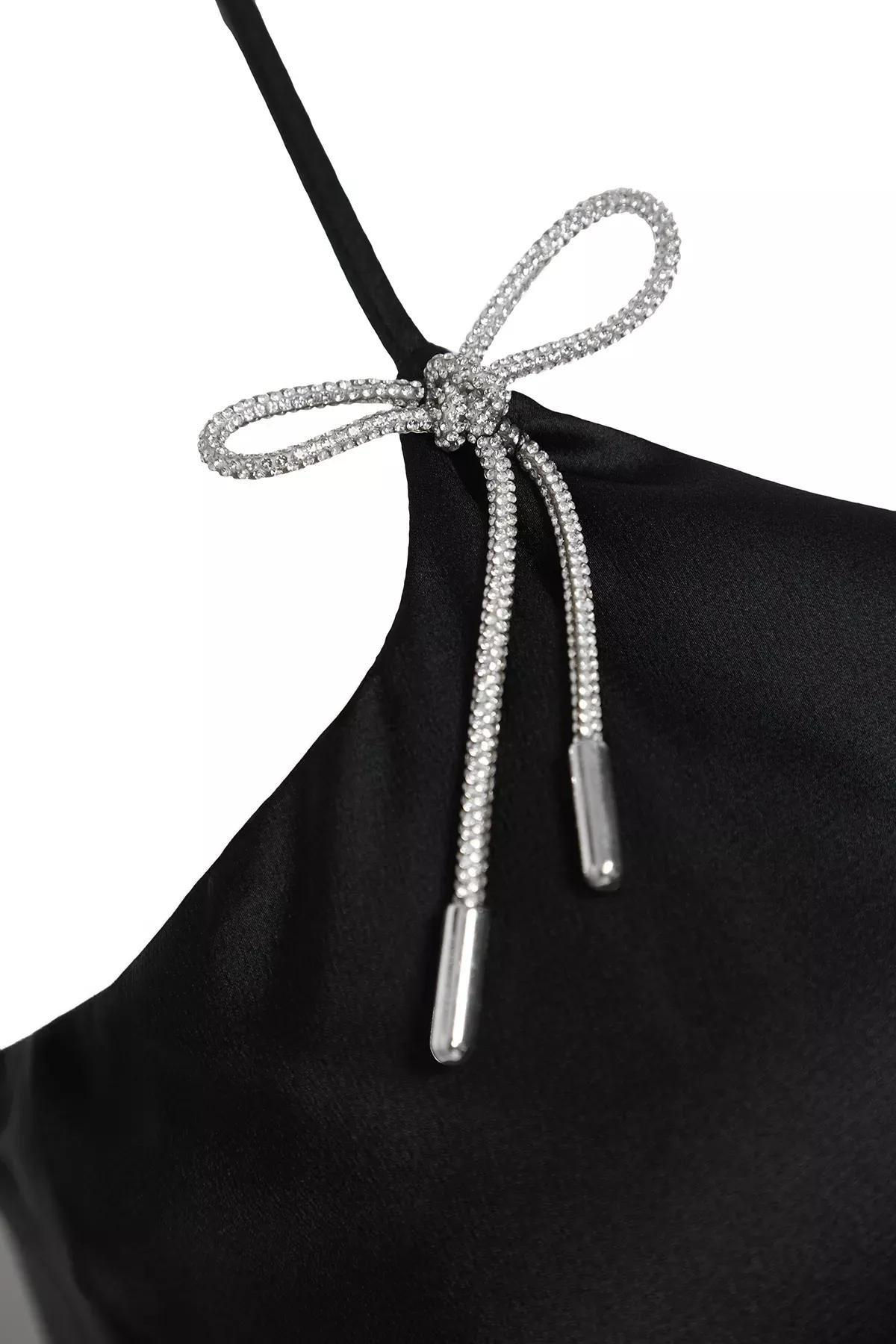 Black Bow Detailed Satin Dress, BLACK, large image number 6