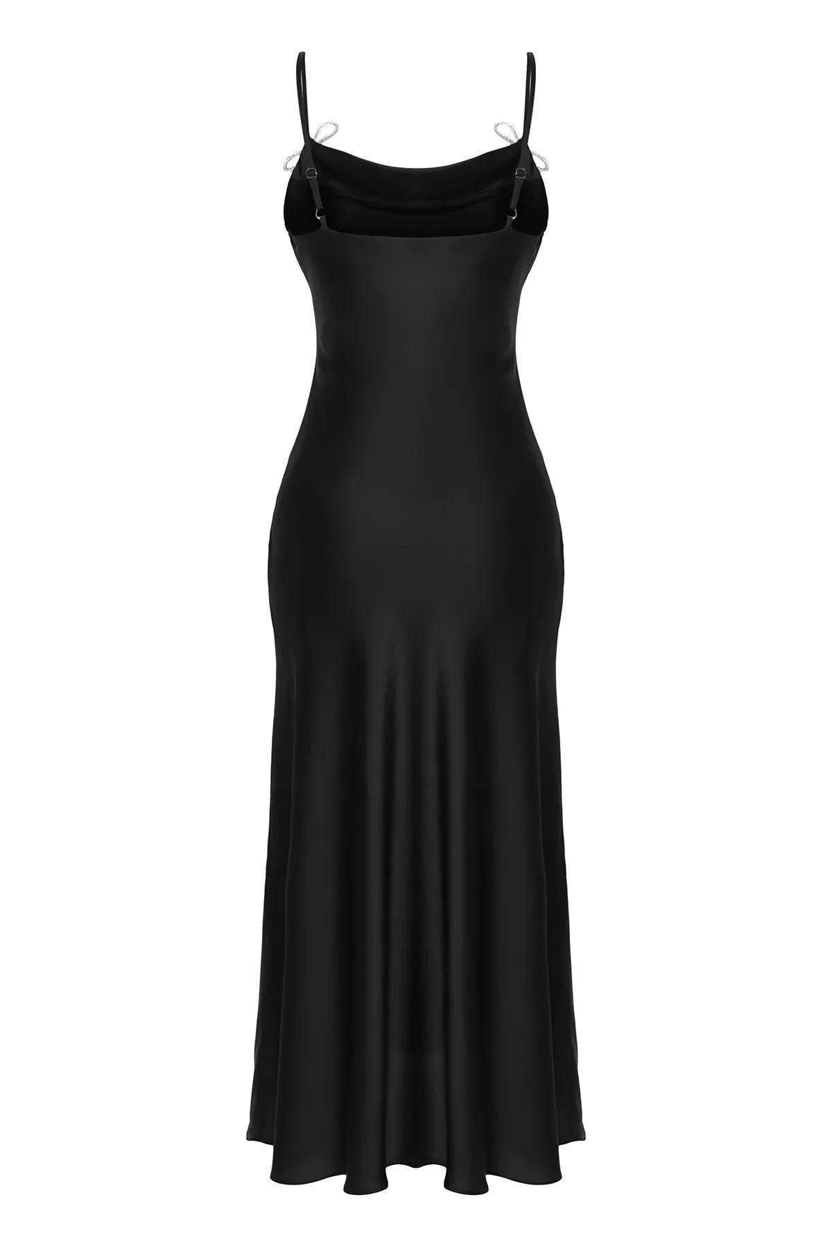 Black Bow Detailed Satin Dress, BLACK, large image number 7
