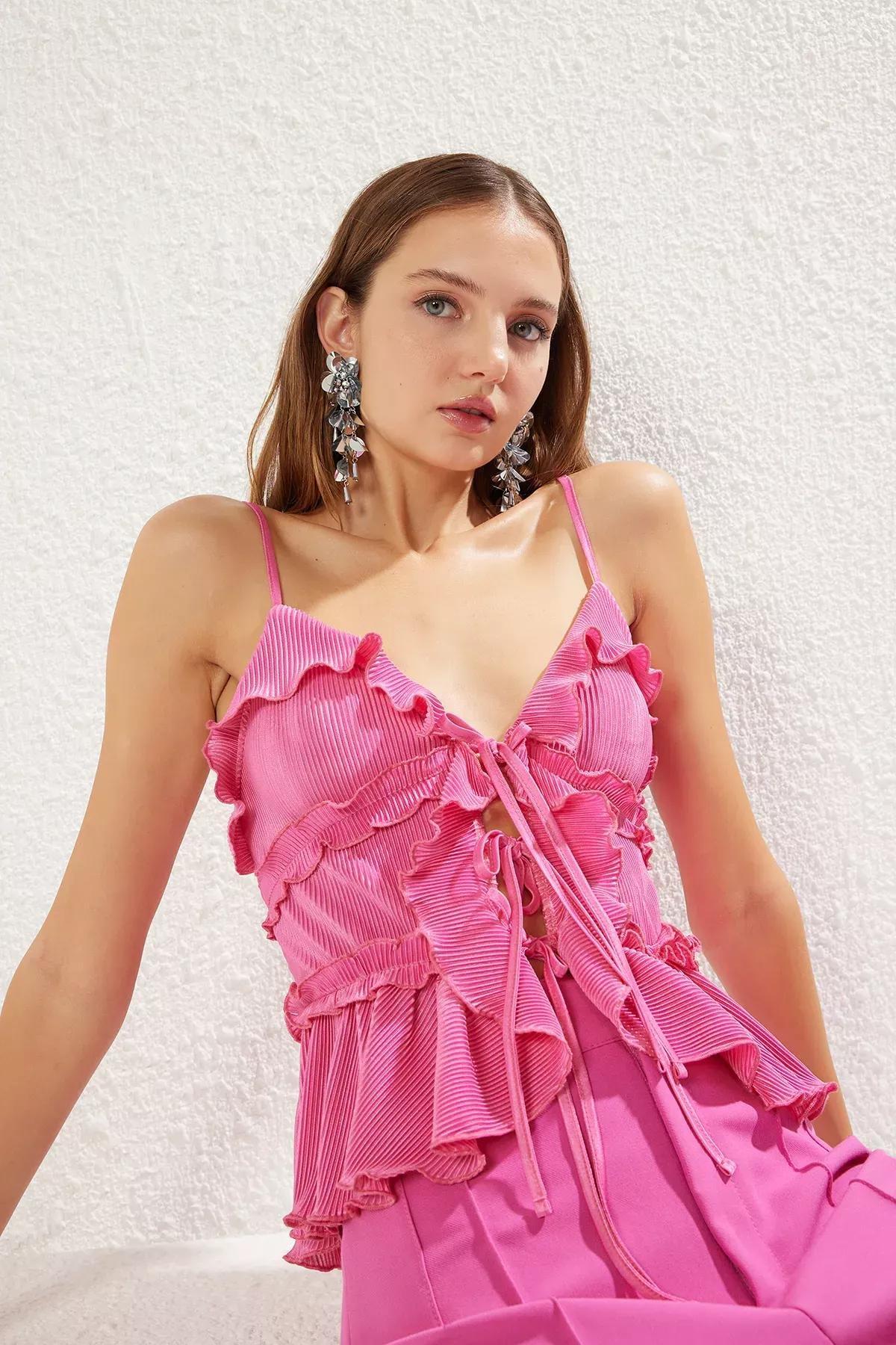 بلوزة مُحاكة بكشكش، وردي, Fuchsia, large image number 0