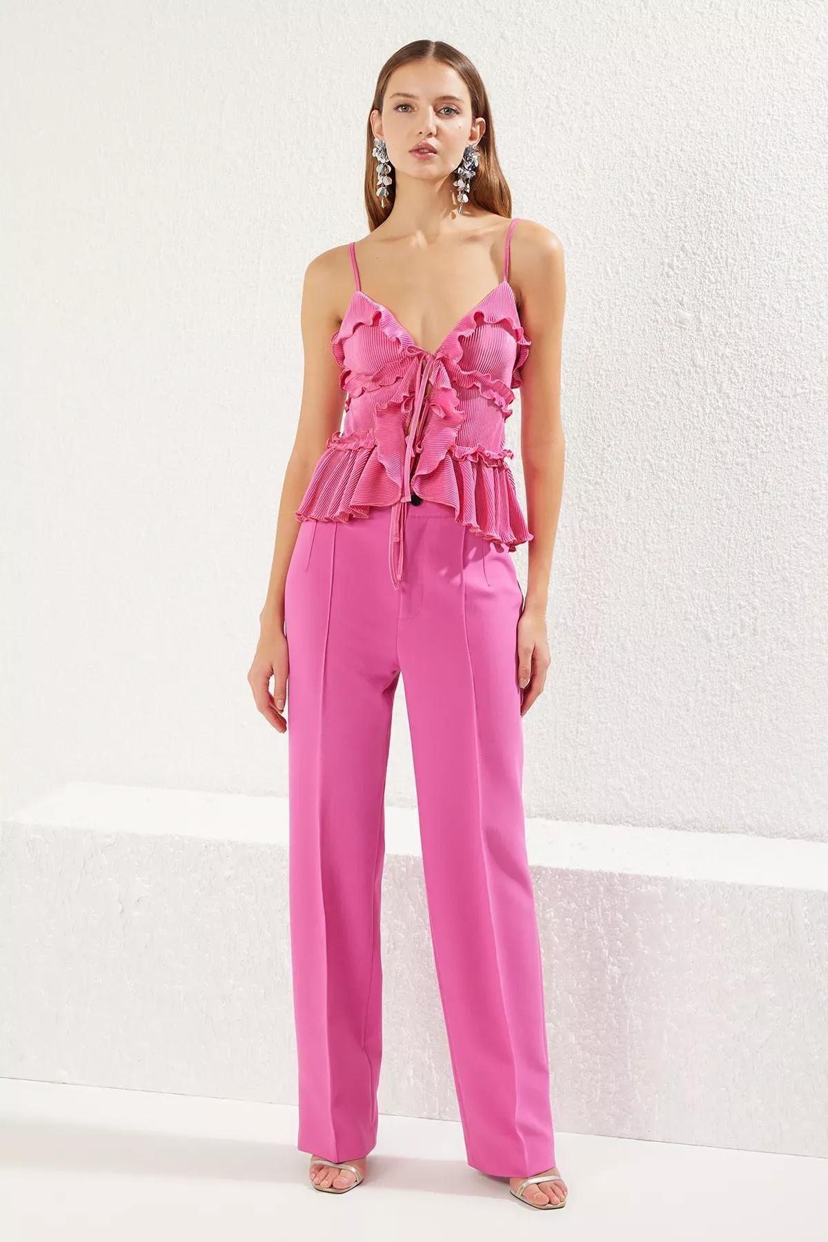 بلوزة مُحاكة بكشكش، وردي, Fuchsia, large image number 1